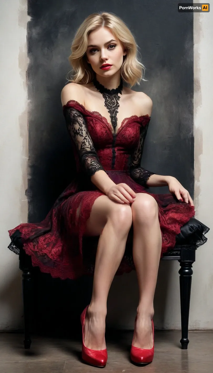 8k, RGB, HDR, oil paints, watercolors, bright saturated colors, Anna Razumovskaya, Jarek Kubicki, Aleksi Brilo, Darek Zabrotsky, Sakimichan, Loisch, Aminola Rezai, photo RAW, black, dark red, lace dress, (sits:1.3), (high-heeled shoes:1.2), Mixed media collage., beautiful face. Calligraphy, gouache wash, pen sketch, thin lines, vintage illustration style. Black, white, coral pink, red, blonde hair, beautiful patterns, ral-melting, <lora:ral-melting-sdxl:.5>
