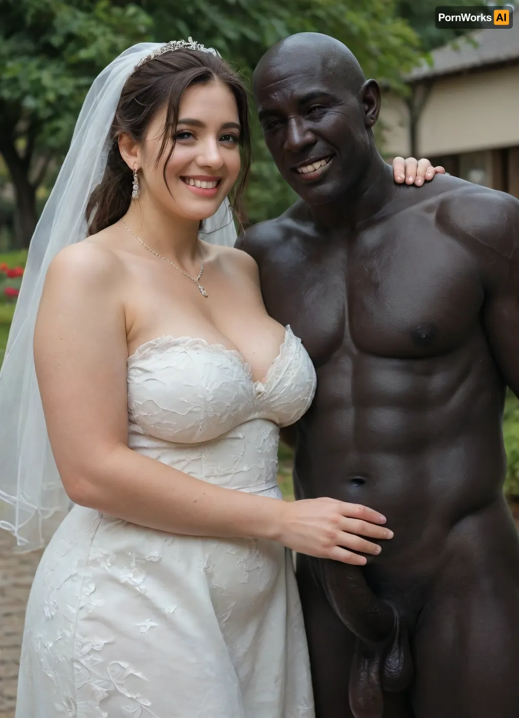 interfacial, long and thick black penis, A sensual wedding photo of a, ((smiling Iranian submissive chubby bride and looser groom dressed in sexy and slutty and modern wedding attire on their kness)), standing next to their, (((muscular brutal black skin bull man))), . All three are posing happily together outdoors in a sunny garden setting, with soft natural lighting and a warm, festive atmosphere. The Iranian bride is wearing a beautiful white dress with subtle Persian embroidery, the groom in a formal suit, and their Korean friend is dressed stylishly in semi-formal attire. Everyone is laughing and enjoying the moment., BadX, XL_NEG