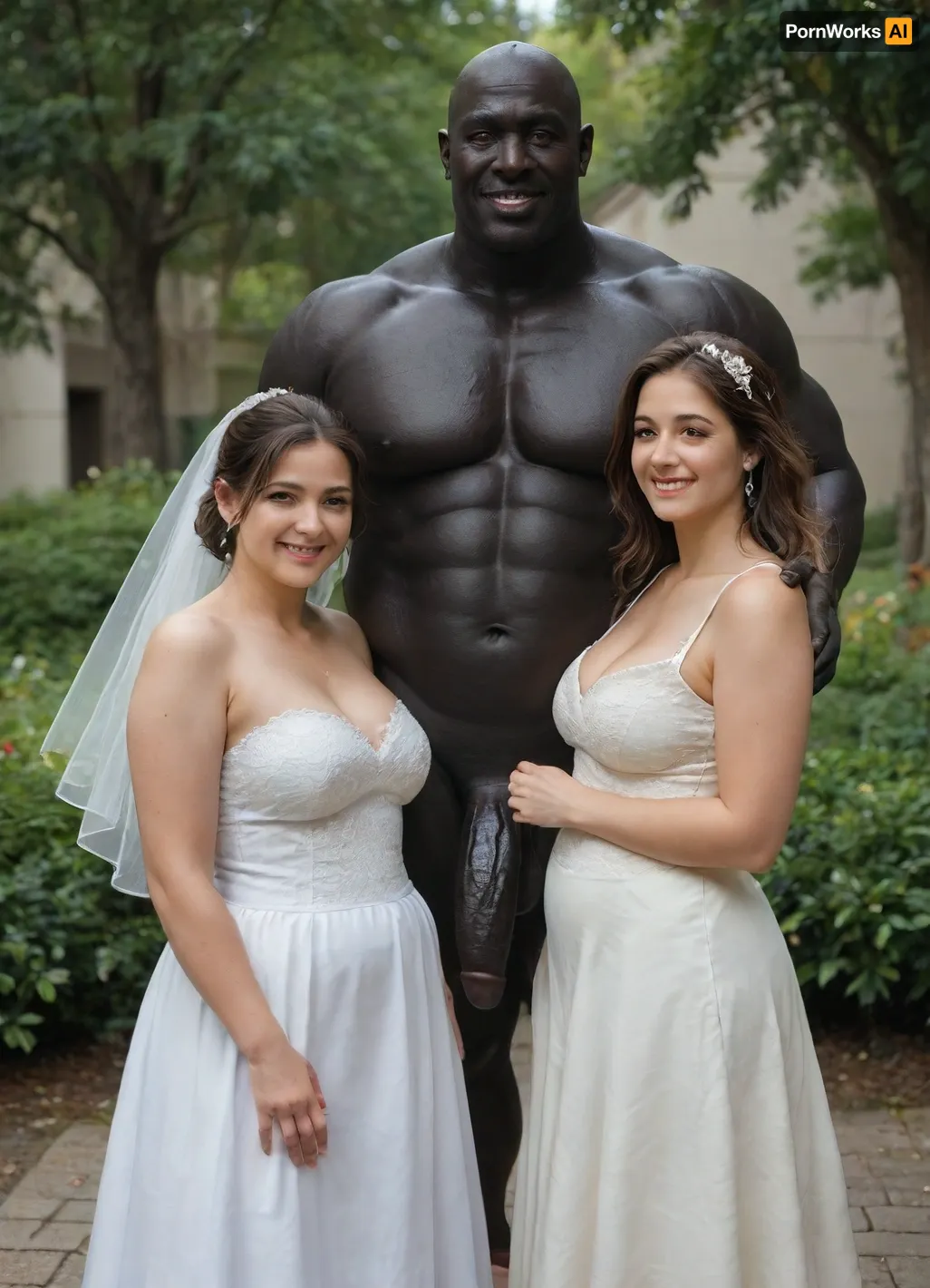 interfacial, long and thick black penis, A sensual wedding photo of a, ((smiling Iranian submissive chubby woman bride and looser groom msn dressed in sexy and slutty and modern wedding attire on their kness)), standing next to their, (((muscular brutal black skin bull man))), . All three are posing happily together outdoors in a sunny garden setting, with soft natural lighting and a warm, festive atmosphere. The Iranian bride is wearing a beautiful white dress with subtle Persian embroidery, the groom in a formal suit, and their Korean friend is dressed stylishly in semi-formal attire. Everyone is laughing and enjoying the moment., BadX, XL_NEG
