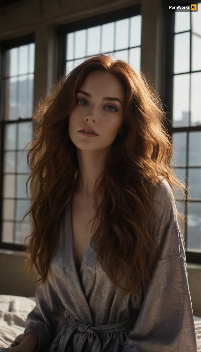 (hyper feminine features, feminine allure, extreme femininity, seductive expression:1.8), (masterpiece, best quality, 8k, RAW photography, award-winning), (rich auburn hair with dark roots, long hair hanging loose, thick voluminous hair, stray strands of hair:1.4), (avant-garde, high fashion esthetic, romantic intimacy, medium full shot, sharp focus, focus on eyes:1.6), (artist's loft, large industrial windows, morning sunlight streaming through windows, dappled light, shadow play, cozy bedroom nook:1.6), (wearing a sexy lavender silk robe, open robe, seductive pose, messy hair, morning hair), (shallow depth of field, professional color grading, HDR, uncompressed, RAW photograph:1.4), (natural skin texture, realistic skin details, subtle vellus hairs:1.2), (intricately detailed hair, natural hair texture:1.2), (expressive eyes, limbal ring, detailed iris texture, realistic eye texture:1.2), ziprealism