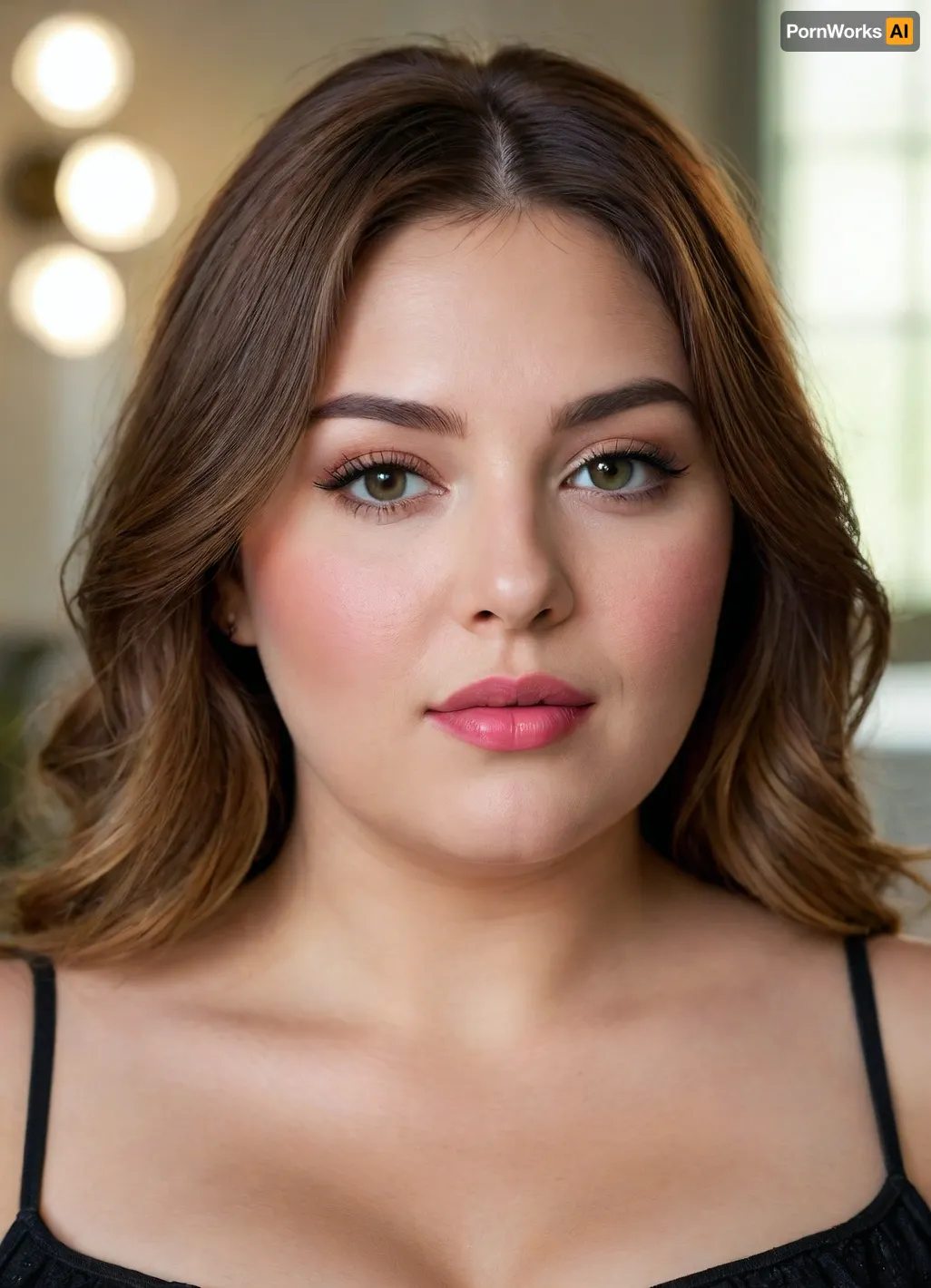 (masterpiece, best quality, photorealistic, ultra-detailed, highres, soft lighting), 1girl, (obese:1.2), (gilf), 65 y.o., Macedonian, chubby heart-shaped face with refined features, thick arched eyebrows, large hazel-green eyes with long thick eyelashes, straight nose with delicate tip, very plump glossy lips with bright pink hue, high cheekbones, soft chin, smooth olive skin with warm undertone, few faint freckles on nose, straight white teeth, bold makeup with winged eyeliner and bright lipstick, centered face, symmetrical, sultry parted lips, shoulder-length wavy auburn hair framing face, in a softly blurred gradient background, <lora:add-detail-xl:2>