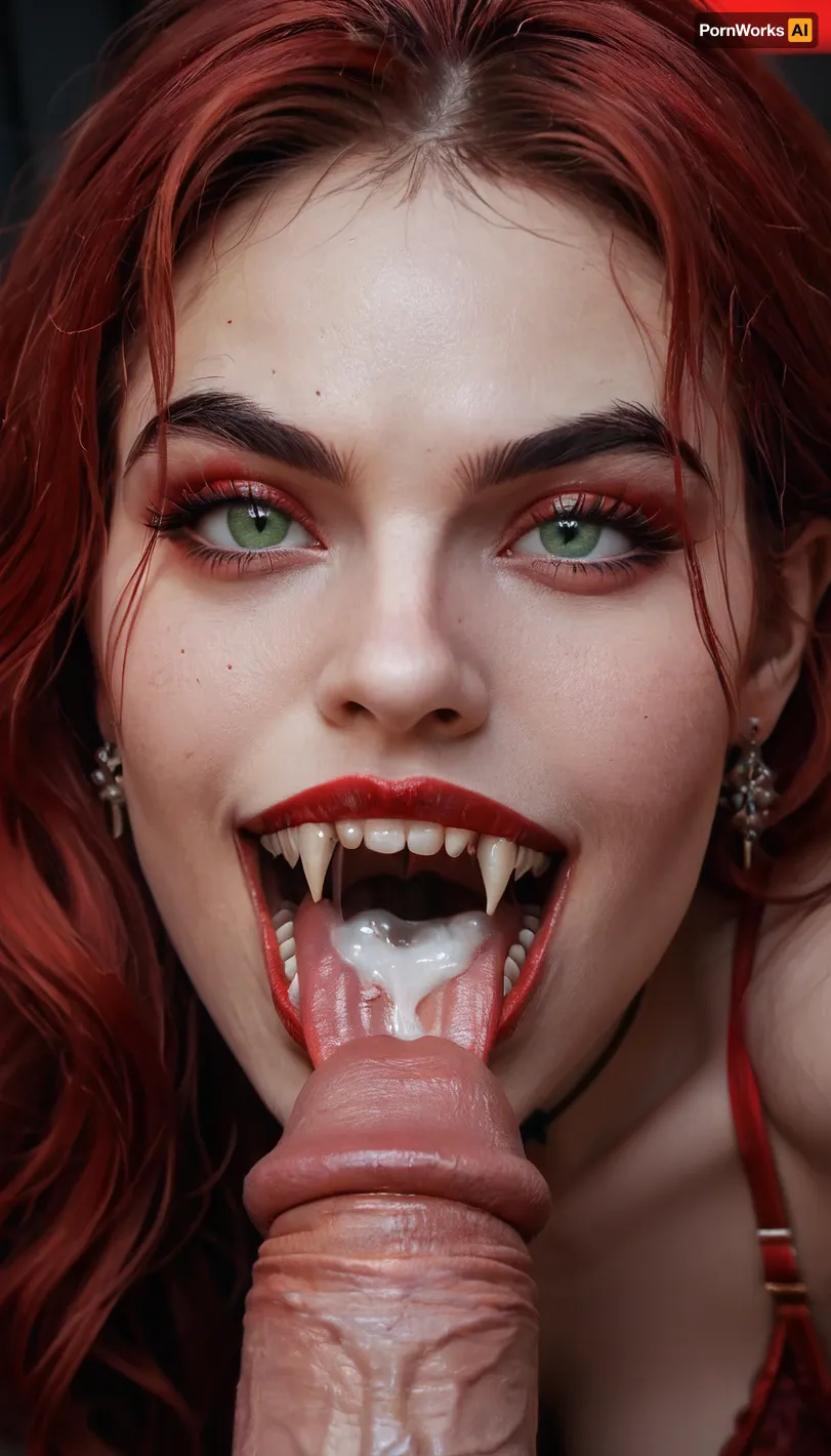 beautiful 18 year old romanian vampire biting a cock, close up, red satin bra and red satin gown, long wavy black tousled hair with red high lights, (8k, RAW photo, best quality, masterpiece:1.4), perfect green eyes, (vampire fangs), ((big fangs bitong in to cock)), seductive look, full body body visible, view from side, looking at wiver, cum in mouth, cum on face, facial, ((a very very long forked tongue wraps around the cock))
