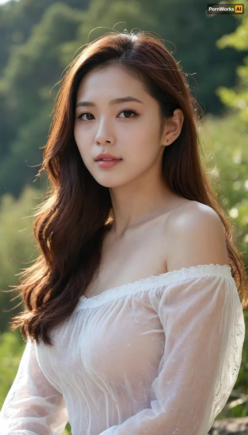 1girl, soft lips, expressive eyes, seductive pose, 30 years old, long hair, korean, yoong se-ri, long sleeves, see-through off-shoulder shirt, happy girlfriend looking at you, dynamic angle, nature, sunshine, natural breasts, close-up