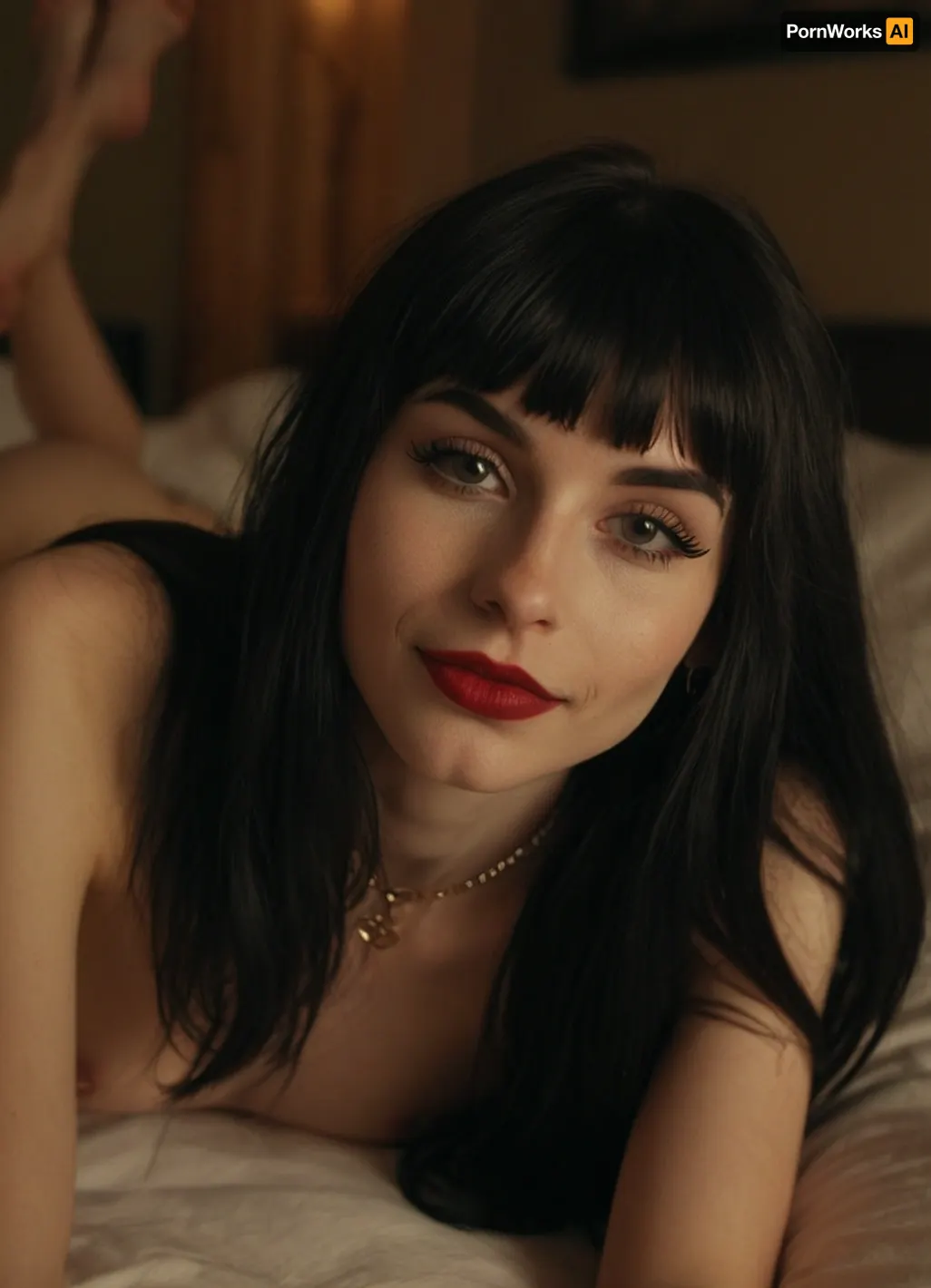 23-year-old skinny Norwegian emo girl with extremely long black hair, cute and seductive, bangs, smiling, very pale skin, (large septum nose-ring), heavy makeup, (thick winged eyeliner), dark red lipstick, ((nude)), lying on bed spreading her pussy, (whole body visible:1.5), in a low-lit bedroom