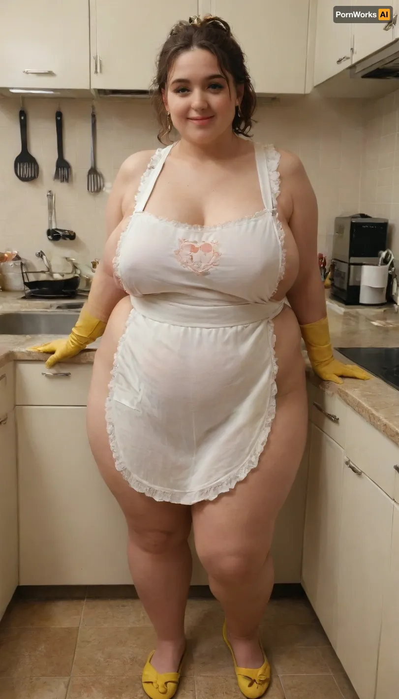 <lora:Chubby BBW - XL:.8>, an adult woman, 59 years old, stands in the middle of the kitchen, wearing a white apron with lace, brown stockings, slippers orange, yellow rubber gloves on her hands, curlers on her head, a plump woman's figure, big saggy tits, a belly, a smile on her face, wide hips, hyper-realistic graphics, high definition, vivid picture, shadows, heart, apron, The woman lifted her apron up, <lora:heartapron_XL_v1:.8>, JPkitchen, kitchen, <lora:JAPAN_Kitchen_SDXL_V1:.8>, megachubsdxl, morbidly, obese, <lora:megachubsdxl_13:.8>