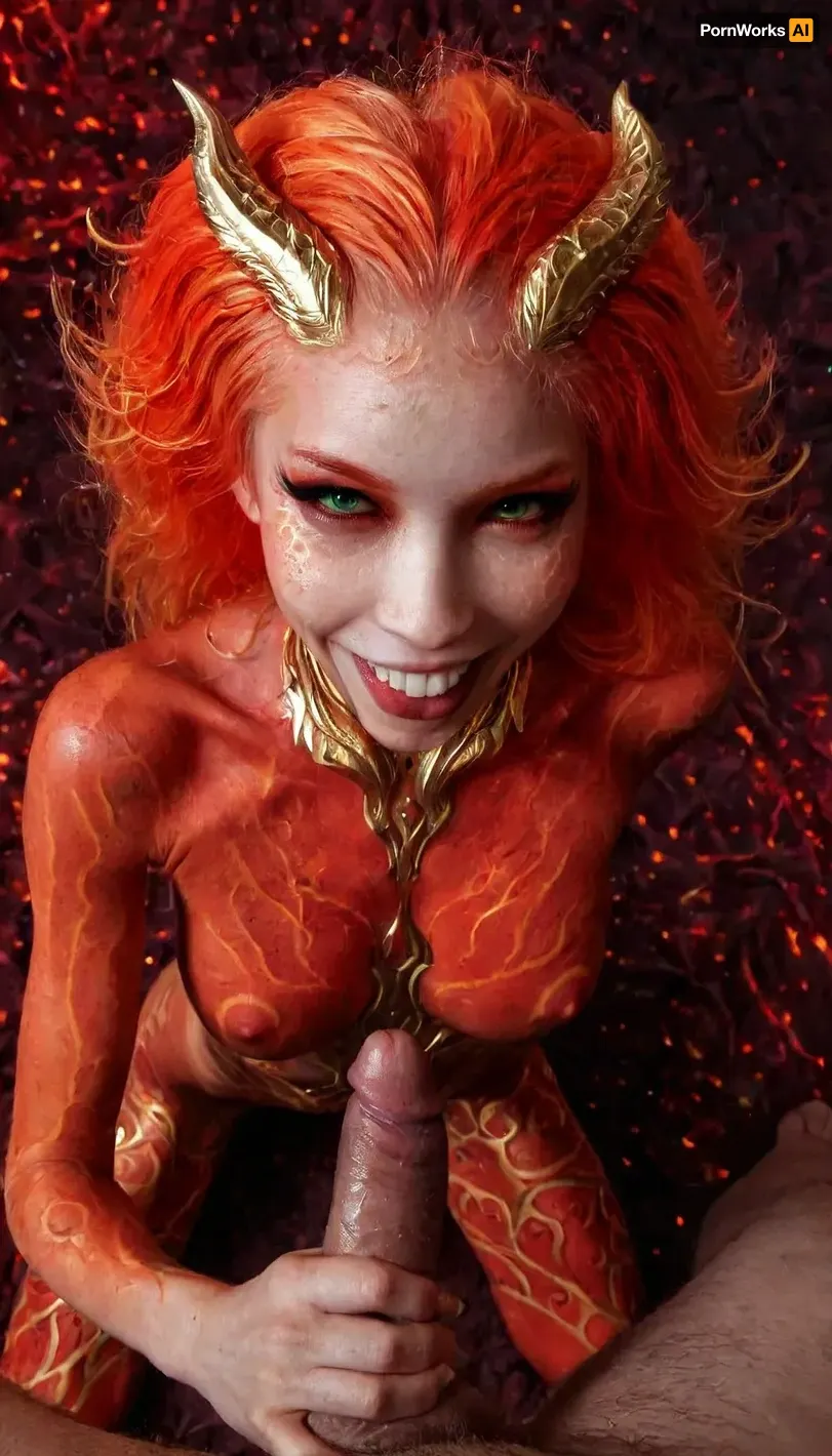 ((high quality)), ((4k)), ((orange colour hair)), green glowing eyes, Beautiful face, shy face, Very skinny body, petite, slender body, sport body, full body view, horned demon girl, ((full glowing gold colour tattooed)), big horns on her head, look at me, eye contact, (red skin:1.65), full red lips, naked, on a white bed, high detailed face, high detail skin, high detail tits, high detail eyes, shy smile, kneeling, top view, open mouth, big fat white cock, (((handjob))), (((deep throat))), <lora:WB2.2:.6>, <lora:DonMD3m0nXL-000010:.5>, <lora:EnvyInfernalXL01:.5>, <lora:204106_training_data:.5>
