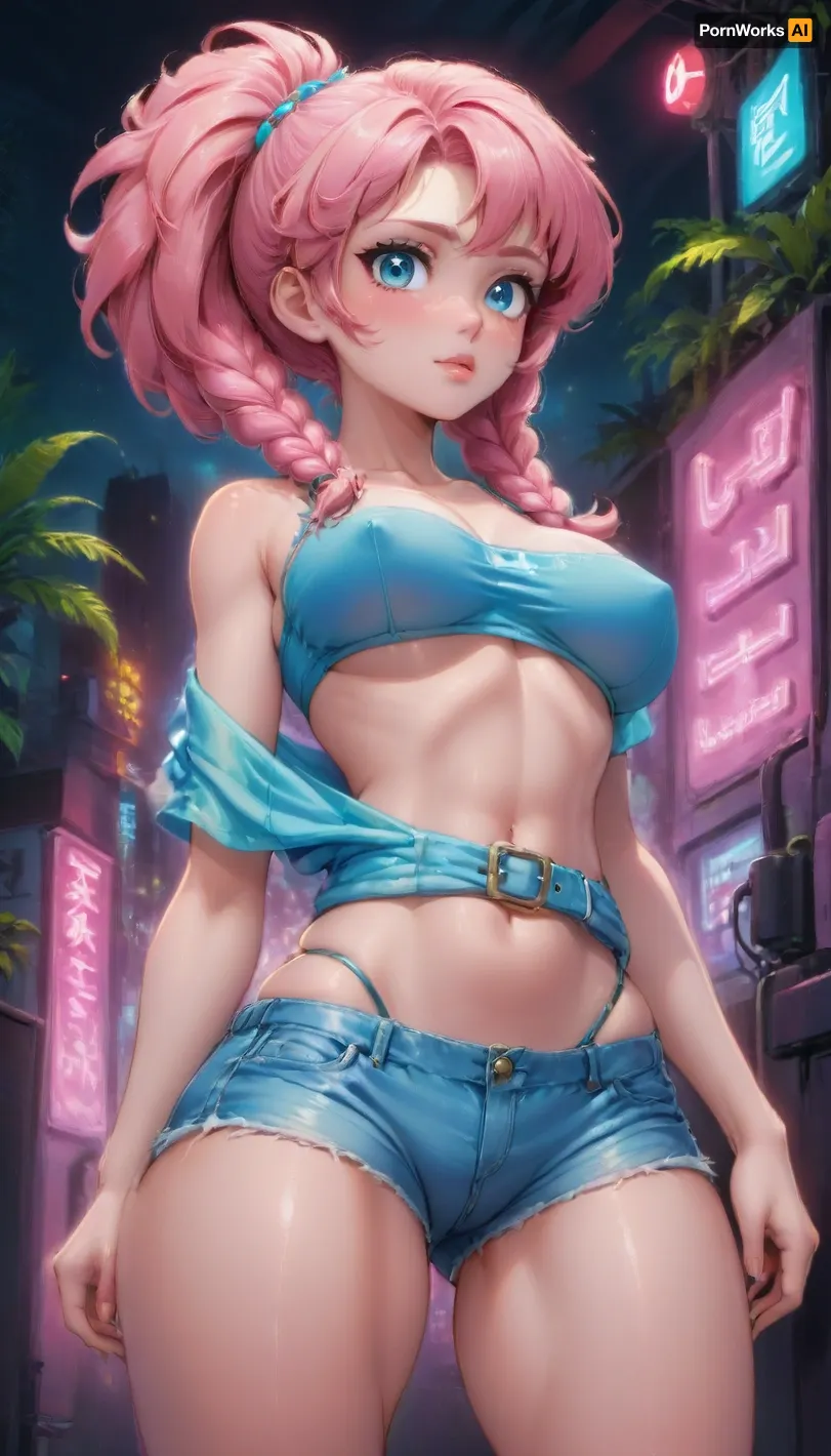 long white-pink hair in two massive unrealstically huge and thick braids, humanized version of Tinkaton from Pokémon, standing by a neon-lit gas station at night, ultra-detailed, high resolution, best quality, 8k, HDR. She is wearing a revealing pink lace crop top that barely covers her large, rounded D-cup breasts, exposing most of her cleavage, with thin straps on her shoulders. Below, she has on extremely short, high-waisted denim shorts that leave the lower curve of her buttocks exposed. Her slim waist and toned hips are highlighted by the snug fit of her outfit. She has a flirty expression, lips slightly parted as she leans against a gas pump, one hand on her hip and the other twirling a strand of hair. Her large, expressive eyes look directly at the viewer, with bright neon lights casting a soft glow on her face and body. The background is a vibrant scene of a retro gas station with neon signs, palm trees, and an empty highway stretching into the distance.
Long, large blue eyes, full lips, and smooth, radiant skin. No additional accessories or jewelry.
The atmosphere is vibrant and flirtatious, focusing on her seductive pose and the retro, neon-lit setting., <lora:Microwaist_XL_v01:1.5>, <lora:breasts_slider_v10:1.5>, <lora:EnvyZoomSliderXL01:.5>
