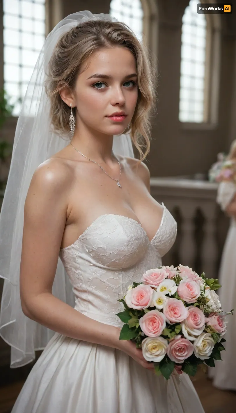 Hot bride on the altar holding a bunch of flowers, medium tits, blonde hair. She is wearing a weding dress whit short skirt and white stokings.