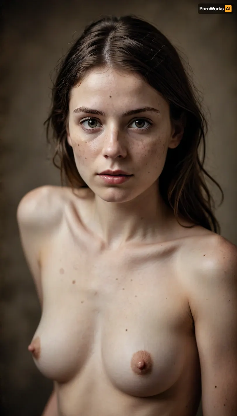 A nude portrait of a young petite woman in the style of 19th-century wet plate collodion photography without colours. The image is extremely sharp and high contrast, emphasizing fine skin details such as dimples, freckles, moles, and natural skin texture. The lighting coming from her right side is stark and dramatic, illuminating the contours of the body and face while casting deep shadows., ((Shallow focus)), The background is a rich, matte black, enhancing the subject’s presence. The overall tone is timeless, raw, and artistic, evoking the depth and mood of antique photographic processes. Edges of a picture are in poor condition.