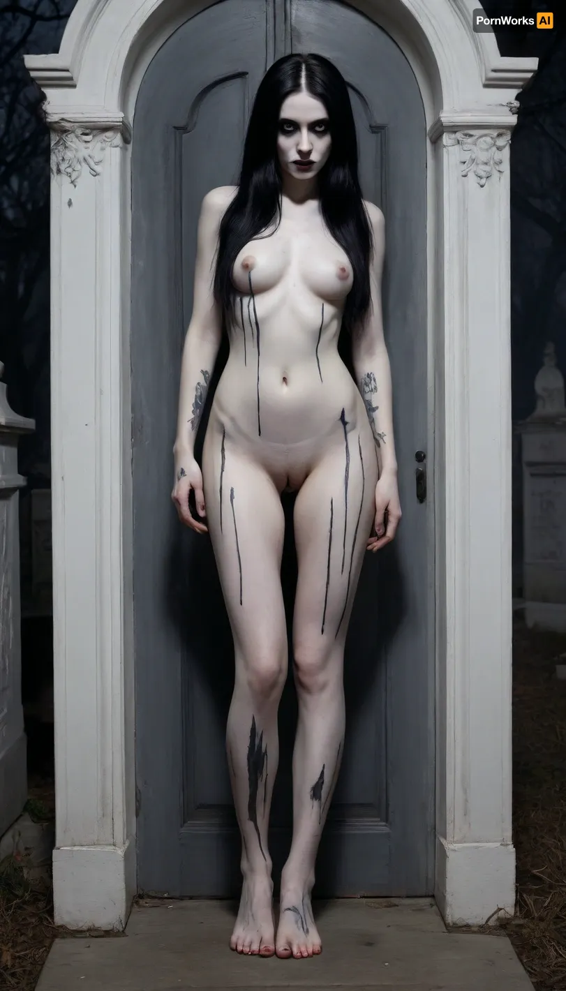 High contrast, Alternative, 18, goth, black very very long hair, cemetery at night, tomb doors are open, non-uniformity, shadow figure, super position, transformation, (skin painted pale white:1.6), seductive, imposing, killer's confidence, troll tail, bathing in tears, mascara, mysterious presence, haunting presence, stunning long legs, dangerous visitor, burning eyes, ghost girl, barefoot, (black half hands, black half legs), black tattoo, black pubic hair