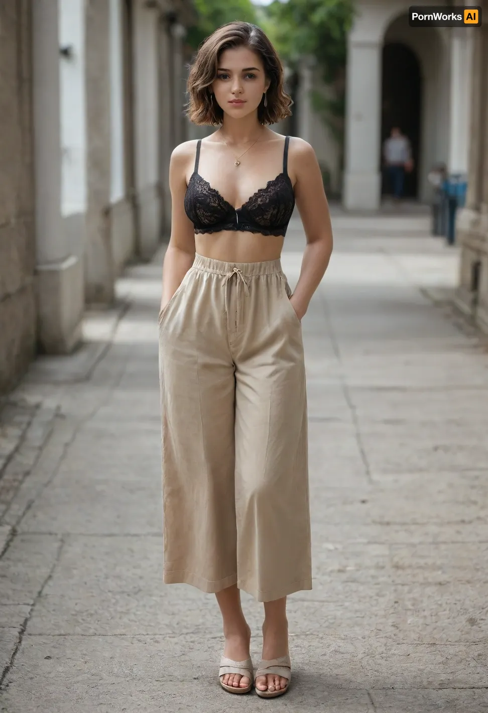 One brunette porn model. Massive boobs visible out. Linen short jumpsuit with lace-up neckline, Beige linen jumpsuit with lace-up neckline, black lace bra, beige flat sandals, beige leather necklace.
