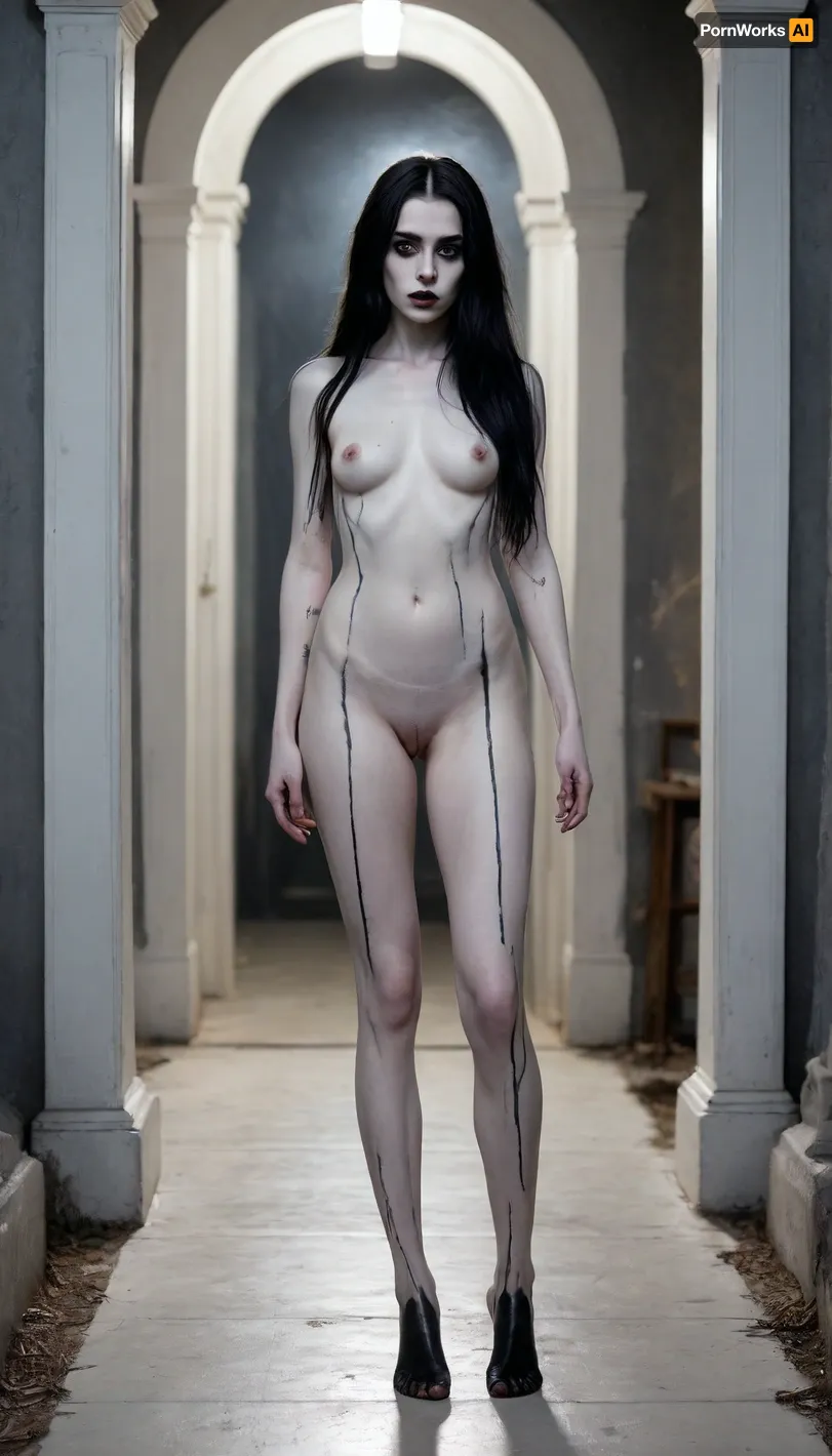 High contrast, supernatural ghost girl, alternative, 18yo goth, black very very long hair, skinny, wide hips, cemetery at night, tomb doors are open, non-uniformity, shadow figure, super position, transformation, (skin painted pale white:1.7), seductive, imposing, killer's confidence, troll tail, bathing in tears, mascara, mysterious presence, haunting presence, stunning long legs, dangerous visitor, burning eyes, ghost girl, barefoot, (black half hands, black half legs), (black tattoo), (black pubic hair, haired pussy), incoming