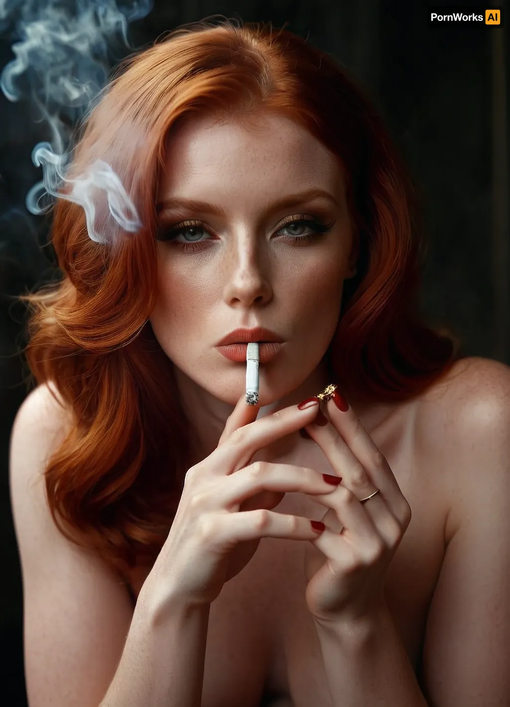 Hi res, full body view, 30yo Irish redhead woman, (smoking a cigarette:1.3), nude, red pubic hair, smoke coming out of the mouth, perfect hands, perfect fingers, <lora:Smoking_Babes_XL_V2:.5>