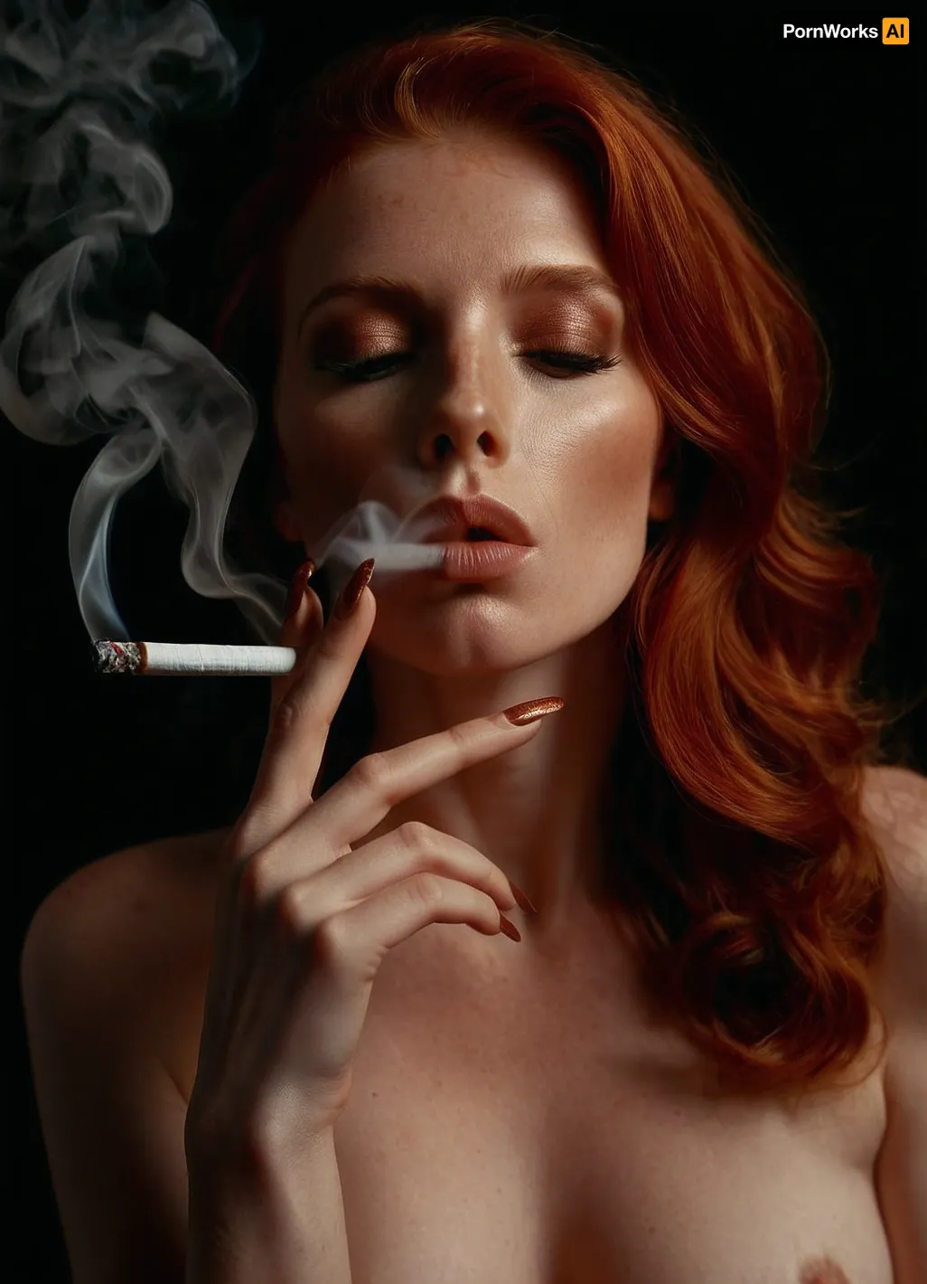 Hi res, full body view, 30yo Irish redhead woman, (smoking:1.3), nude, red pubic hair, smoke coming out of the mouth, perfect hands, perfect fingers, <lora:Smoking_Babes_XL_V2:.9>
