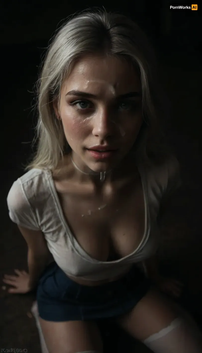 (score_7_up, score_8_up, score_9, 1girl, solo, masterpiece), (overhead view), view from above, on knees, focus on face, (skindentation:1.1), sultry, seductive, seducing, alluring, intimate, sexual, horny, ((long white hair)), (blue micro skirt), 18yo girl, (athletic skin body), (narrow waist:1.4), ((hip gap)), insatiable, lustful, erotica, irresistible, ziprealism, sideboob white work-shirt, white choker, opened mouth, white stockings, (white wet g-strings), blue eyes, cleavage, tongue pulled out, smiling, (cum on face:1.5), ruined make-up, tears, ample cleavage, (black background, chiaroscuro lighting:1), <lora:sunnyrayyxo_v1_SDXLBase:.4>, <lora:dark:.6>