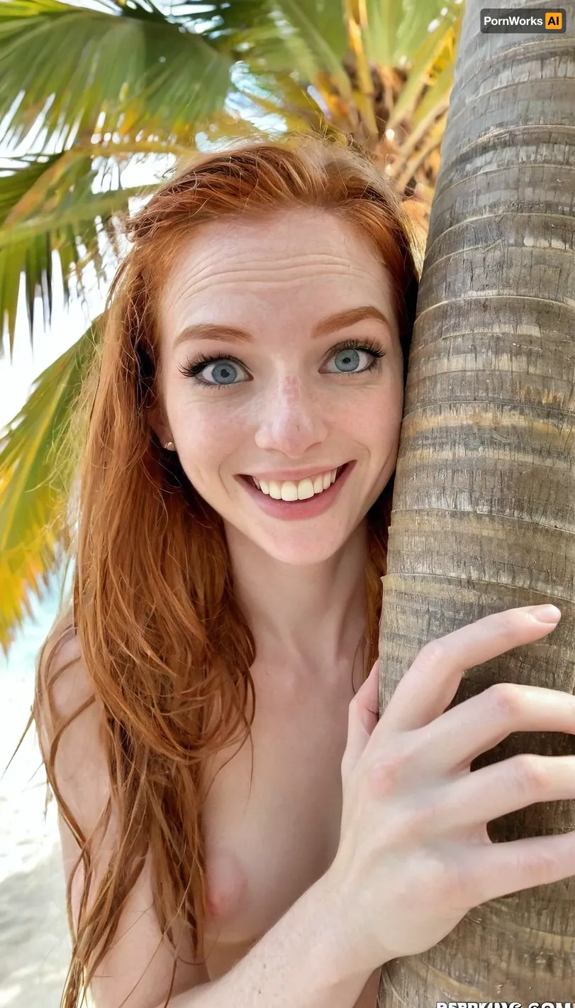Candid photo, nude 24 year old athletic ginger, slender, on photorealistic Miami public beach, realistic detailed face, long hair, shy laugh, ((peeking around a large palm tree)), realistic detailed skin, realistic detailed bright eyes