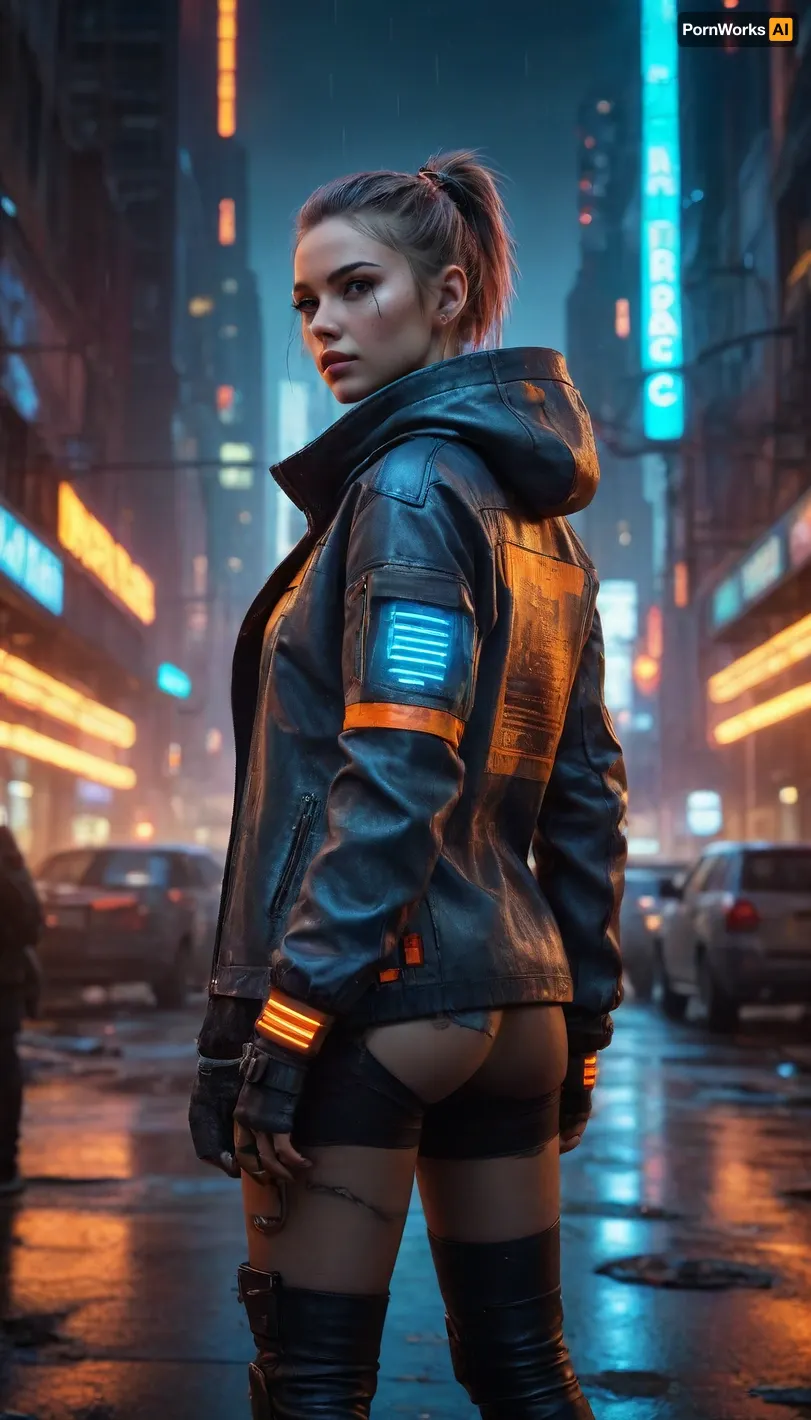 A futuristic cyberpunk character with an edgy, high-tech jacket featuring glowing neon blue and fiery orange accents, metallic details, and rugged textures, illuminated by moody cinematic lighting in a dystopian city scene filled with glowing red and orange lights, scattered debris, and dark industrial tones, dynamic and detailed, hyper-realistic, vibrant colors, atmospheric and immersive