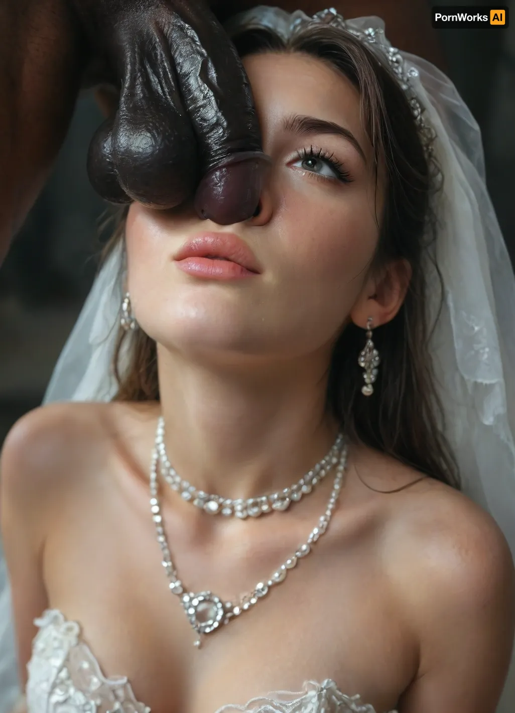 interracial, (two muscular black skin brutes), very very large black penises, black cocks, black dicks, hazel eyes, iranian face, (two thick black penises), (double painful deepthroat BBC), (face fuck destroy), ((deepthroat balls deep)), ((all thick Big black cock deepthroat)), (slime on face), super close up image, micro art photograph of an Iranian curvy bride standing on a glossy black velvet floor against a pitch-dark background. Dramatic, cinematic lighting with high contrast and soft shadows., ((Her entire feet, nylon, pussy, body, and classic lace white wedding dress are covered in a thick, jelly-like texture. The slime drips slowly from her hair and shoulders, creating a surreal, beautiful, and mysterious effect.)), The wedding dress features traditional Persian details such as tulle, gemstones, and Islamic motifs, visible beneath the slime. Visually stunning, surreal, and elegant composition with a focus on the tactile contrast between the slime and the white dress against the black velvet., close_up_detailed_shot_of1, BadX, <lora:close_up_detailed_shot_of1:.8>, <lora:671410_training_data:.8>, <lora:MJ52:.6>