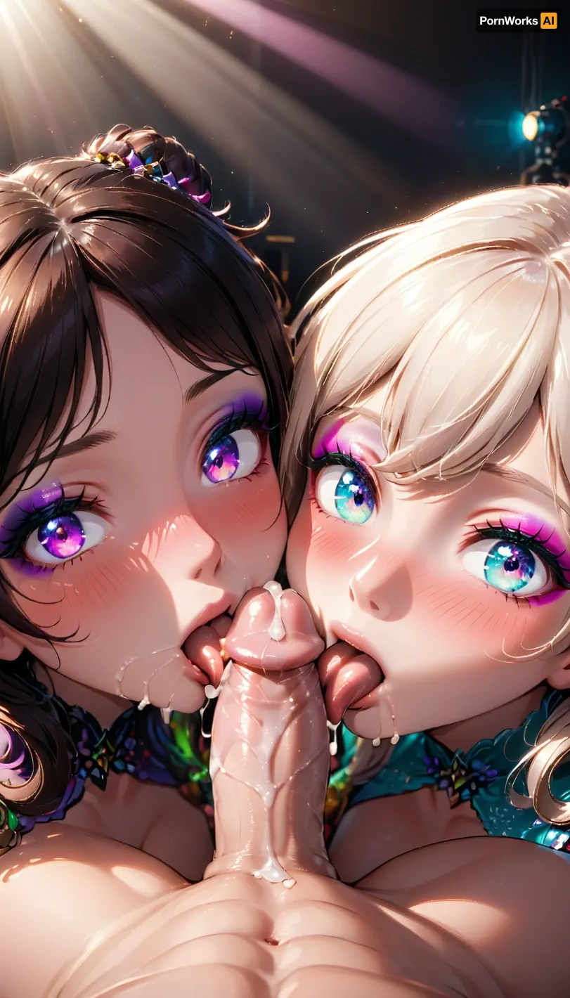 pov, (2girls), licking dick, double blow job, blush, makeup, cum, detailed face, small details, 8k high quality, dynamic lighting, shadows