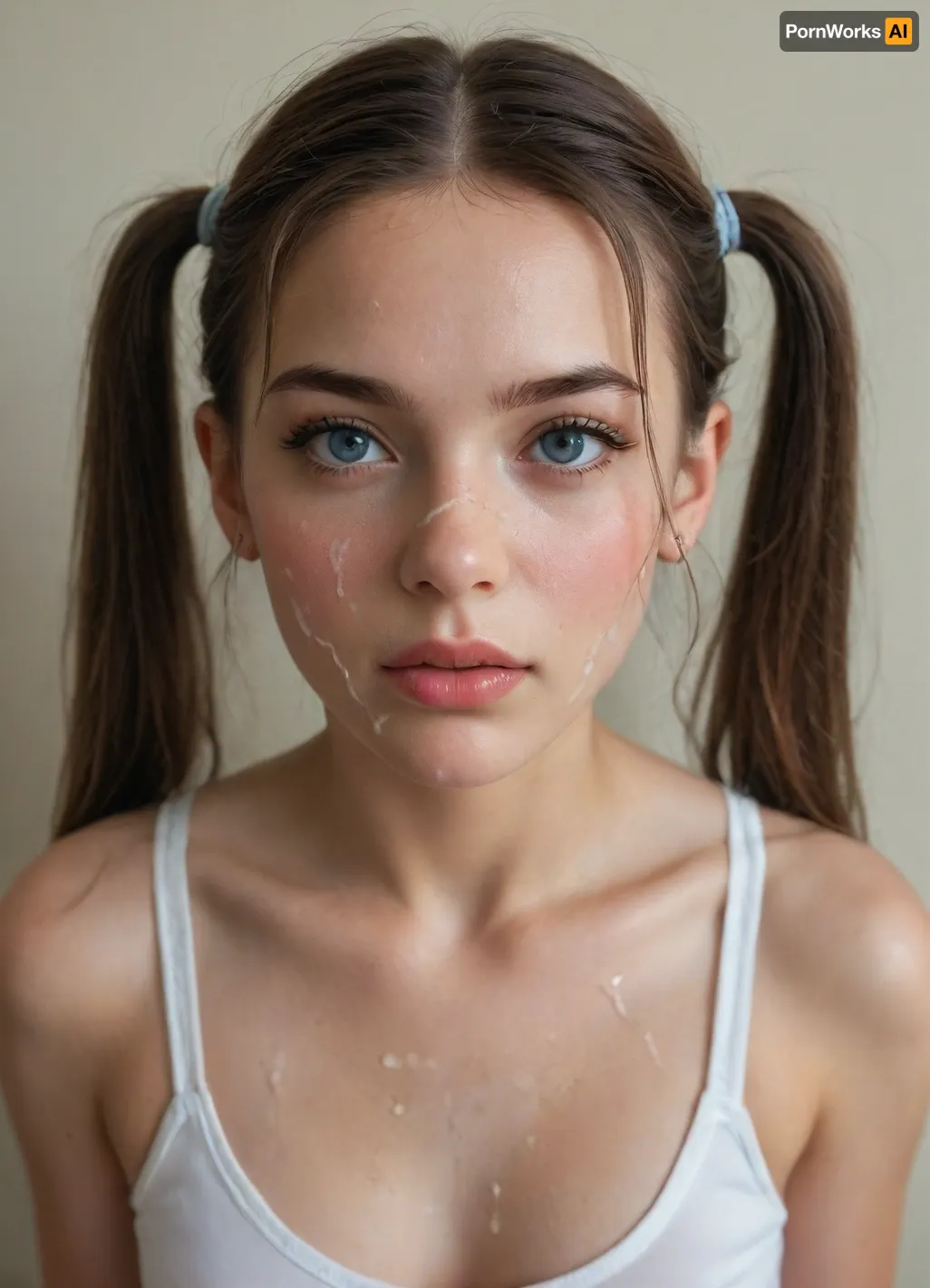 facialized dark shot, face photo of young pale woman, (makeup:.6), film grain, two pigtails, wearing a top and thong, with her face covered in, (superfacializedbukkake:1.12), <lora:facialized:1>, liner, shadow, run, off, lsrf, mascara, <lora:liner shadow run off-GMR:.8>