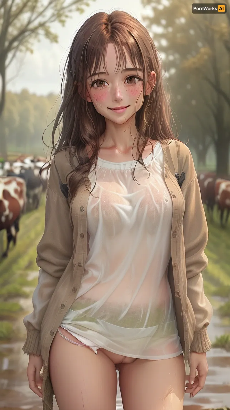 photograph of young woman, (no pants, no panties:1.4), standing in muddy field, surrounded by cows, brown hair, light brown eyes, smiling, wet t-shirt, no panties, (hairy pussy), muddy hands, rustic farm setting, overcast sky, autumn season, green grass in background, trees in distance, casual style, natural lighting, realistic, candid shot, outdoor, rural life, farm work, casual attire, wet clothing, muddy ground, friendly expression