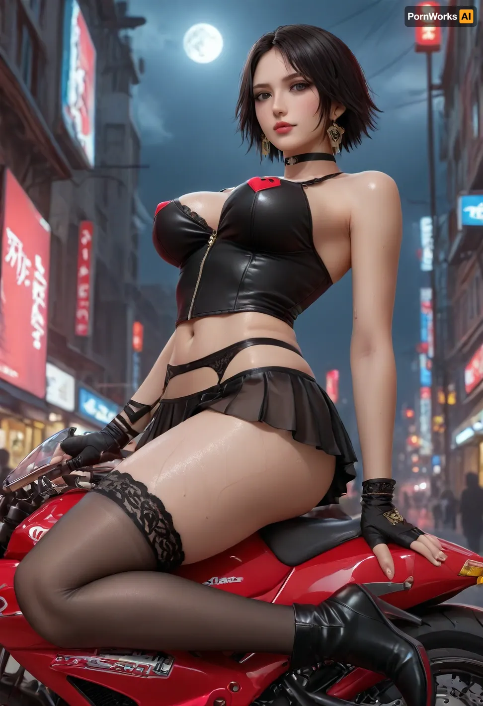 [基本], (((masterpiece))), (((best quality))), (((perfect face))), high detail, [脸型], a 27 years old Asian woman, ((bayonetta from Bayonetta), boa Hancock from One piece, mai shiranui), [表妆], smirk, cyan eyes, violet eyeshadow, blush, black short hair, wet, ((oiled skin)), ((sweaty)), [姿势], riding red motorcycle, one leg behind that motorcycle, looking at viewer, [体型], hourglass, voluptuous, large breasts, mini waist, long legs, [衣着], (black sleeveless micro jacket), one breasts pulled out, (black Heart-shaped leather nipple sticker), corset, (transparent garter belt), (see-through pleated skirt), thong, garter on legs, stockings, black leather heeled ankle boots, black leather fingerless gloves, [首饰], choker, [背景], spotlight shone on her body and creating a strong reflection from the side, light and shadow contrast, city street, (((cyberpunk))), night, after rain, close-up of stomach, ((deep depth of field)), perspectives, low angle shot, neon signs are shining, damp ground，big full moon behind see-through clouds, [插件], style, <lora:Pink_Lips:1>, <lora:sdxl_cyberpunk:.8>