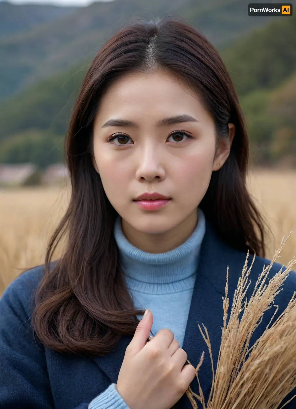 4k uhd photo of a Korean woman. In this image, the Korean woman has a serene and contemplative expression. She has long, softly curled dark brown hair that flows over her shoulders. Her skin is smooth and fair, with natural makeup that emphasizes her gentle features, including slightly flushed lips and defined brows.

She is dressed warmly in layered clothing, a pale blue turtleneck sweater, a matching cardigan, and a thick black coat with pink sleeves peeking through. She holds a bundle of dried grass, adding a poetic, autumnal touch to the scene. The soft, blurred background of fields and mountains gives the entire image a calm, emotional, and cinematic atmosphere.
