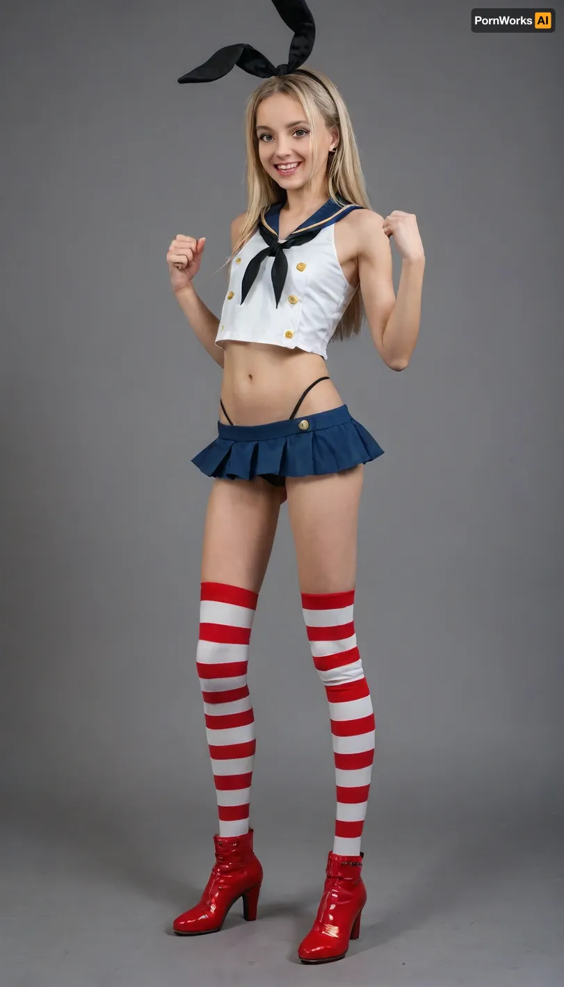 High quality and detail, (4K), (Shimakaze from kan colle, shimakaze cosplay), 18 years old, full body, detailed body, very skinny, flat chest, (narrow skinny face), excited face, detailed focused face, short small body, (anime style:1.2), (yellow blonde hair), on a battle ship, overly excited pose, (red white striped knee high socks, tiny blue micro skirt, black g string, visible cameltoe, red high heeled latex boots)