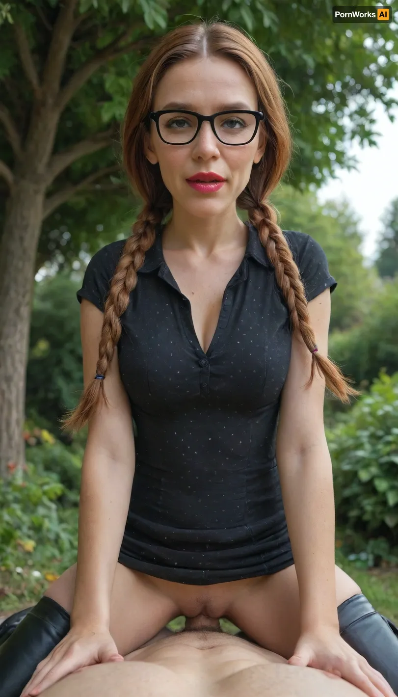 (gorgeous milf:1.2), (cute face), (wrinkles:1.2), (skinny:1.2), wicked smile, (orgasm), moaning, (narrow face:1.1), wide jaw, wide cheekbones, (sharp face features:1.1), (snub-nosed), big eyes, wide open eyes, (kneeling:1.2), ginger hair, (freckles), (eye contact), (looking at viewer), front view, (wearing black bodycon dress), (black dress), (fitted mini dress), (short sleeve dress), deep neckline, downblouse, cleavage, (polka dot dress:1.2), clothed sex, (fashion makeup:1.2), (red lipstick:1.2), (big lips), (wide mouth), tan lines, (thigh-high-boots:1.2), (black framed glasses), (girl on top), in the back yard, in the garden, under tree, view from below, looking down, knees down, pubic hair, evening, (sitting on dick), (vaginal sex), pov cowgirl sex position, pov riding, pov sex, (long braids:1.2), (thick pigtails:1.2), (lush hair)