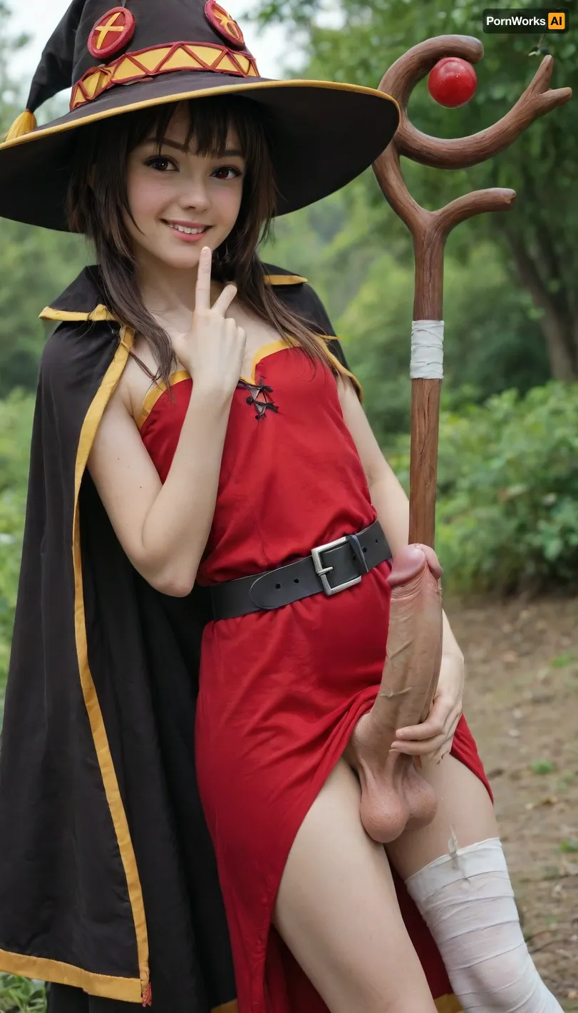 masterpiece, best quality, amazing quality, very aesthetic, absurdres, highres, ultra-detailed, Kuroda Kazuya Style, 1girl, solo, megumin, short hair with long locks, brown hair, red eyes, small breasts, black hat, red dress, black cape, belt, single thighhigh, bandaged leg, holding staff, BREAK looking at viewer, head tilt, blush, smile, hand up, sexy pose, dynamic angle, outdoors, futanari, mastrubation, erect penis, hard penis, sagging testicles, veiny cock, leaking precum, throbbing cock