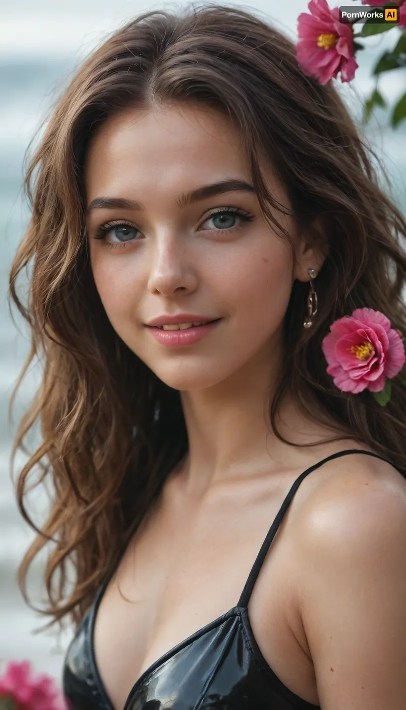 young woman, open eyes and smile, shiny latex bodysiut, wave, mistic world, colorful flowers, vivid colors