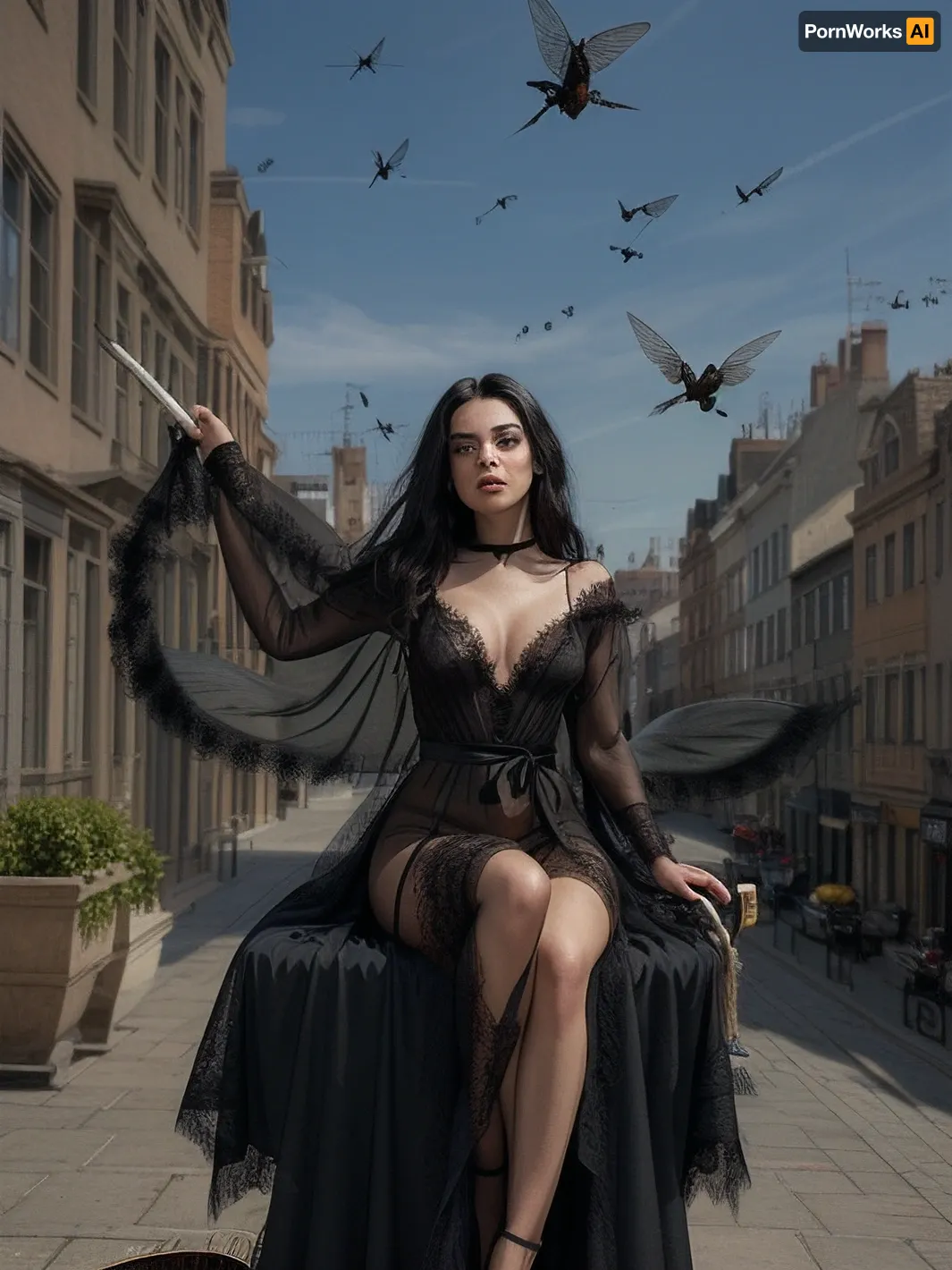 beautiful 20yo brunette, dressed in a black lace transparent robe. flies sitting on a broom. long black hair blown by the momentum. the neckline parted by the momentum reveals naked large breasts. the robe lifted by the momentum reveals the pussy and black pubic hair, beautiful witch on a broom, flies over the city street, flight on a broom, flight sitting astride a broom, ((sits on a broom)), flight a meter above the ground, flies towards the viewer