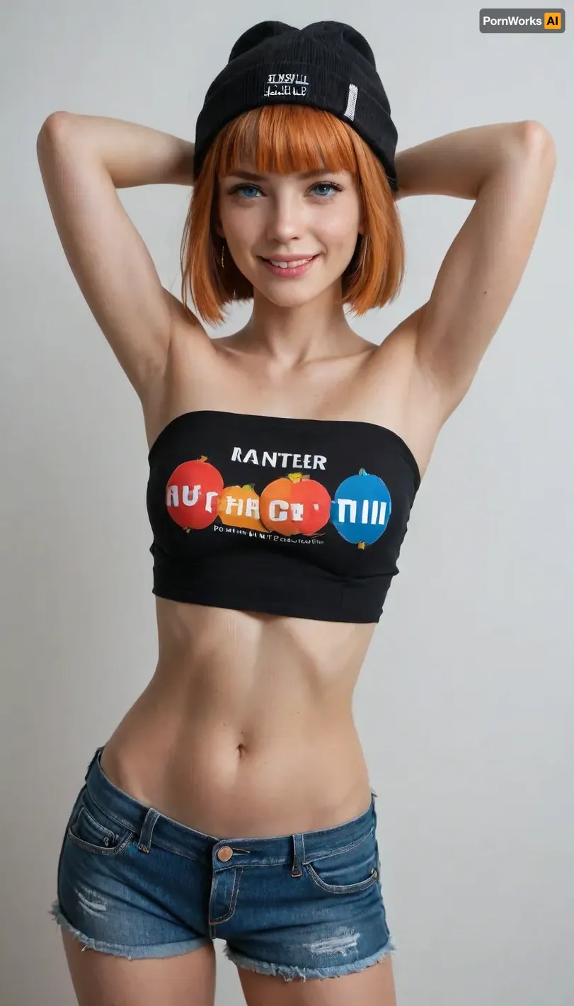 score_9, score_8_up, score_7_up, cartoon of a girl, cute face, sexy, slutty, smirk, blue eye, orange hair, short hair, hime cut, black beanie, black tube top, denim shorts, navel, sticking out her tongue, hands behind head, standing, white background