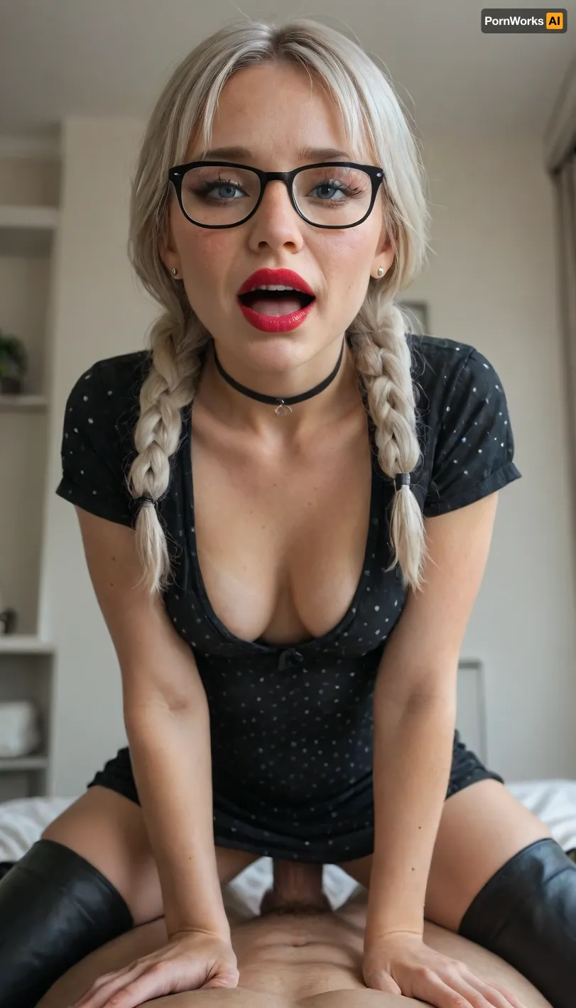(gorgeous woman), (milf:1.1), (mature:1.1), small breasts, wrinkles, (slender), skinny, wicked smile, (orgasm), moaning, (narrow face:1.1), wide jaw, wide cheekbones, (sharp face features:1.1), (snub-nosed), big eyes, wide open eyes, (kneeling:1.2), (white hair), (freckles), (eye contact), (looking at viewer), front view, (wearing black bodycon dress), (black dress), (fitted mini dress), (short sleeve dress), deep neckline, downblouse, cleavage, (polka dot dress:1.2), clothed sex, (sexy makeup:1.2), (red lipstick:1.2), (big lips), (wide mouth), tan lines, (thigh-high-boots:1.2), (black framed glasses), (woman on top), view from below, looking down, knees down, pubic hair, (sitting on dick), (vaginal sex), pov cowgirl sex position, pov riding, pov sex, (long braids:1.2), (long hair), (thick pigtails:1.2), (lush hair), (black chocker:1.2), (long eyelashes), (quick sex), (hair bang), (hair fringe:1.2)