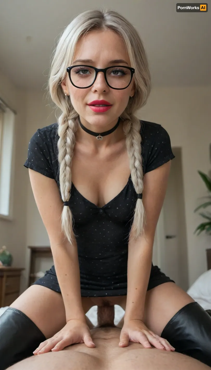 (gorgeous woman), (milf:1.1), (mature:1.1), small breasts, wrinkles, (slender), skinny, wicked smile, (orgasm), moaning, (narrow face:1.1), wide jaw, wide cheekbones, (sharp face features:1.1), (snub-nosed), big eyes, wide open eyes, (kneeling:1.2), (white hair), (freckles), (eye contact), (looking at viewer), front view, (wearing black bodycon dress), (black dress), (fitted mini dress), (short sleeve dress), deep neckline, downblouse, cleavage, (polka dot dress:1.2), clothed sex, (sexy makeup:1.2), (red lipstick:1.2), (big lips), (wide mouth), tan lines, (thigh-high-boots:1.2), (black glasses), (woman on top), view from below, looking down, knees down, pubic hair, (sitting on dick), (vaginal sex), pov cowgirl sex position, pov riding, pov sex, (long braids:1.2), (long hair), (thick pigtails:1.2), (lush hair), (black chocker:1.2), (long eyelashes), (quick sex), (hair bang), (hair fringe:1.2)