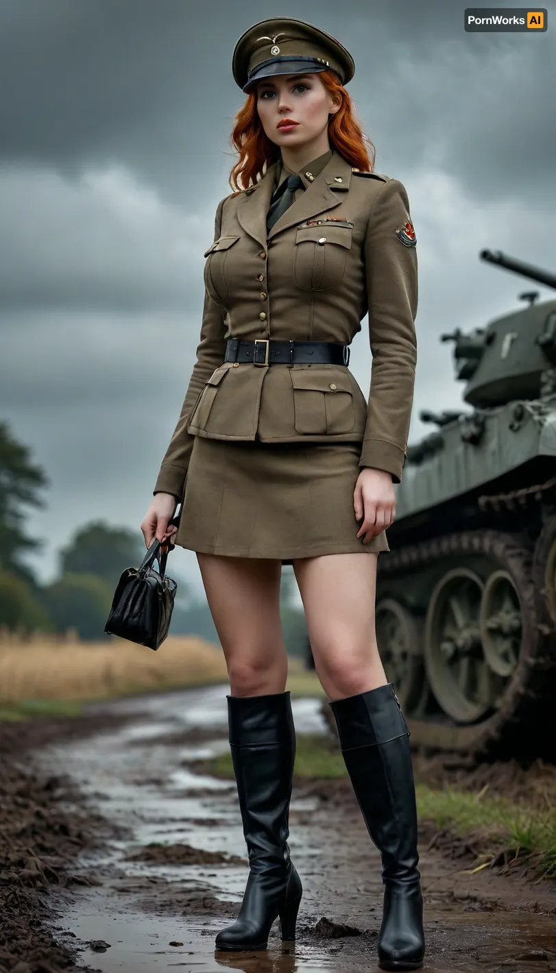 Uber realistic, 8k, ultra detailed, masterpiece, 1girl, beautiful busty female dieselpunk British officer, (world war, the great war, WW, WW2, World War 2), (large_breasts), (she is an incredibly beautiful woman with a athletic and voluptuous build, light skin, pale blue eyes and long, wavy light ginger hair), (she wears somewhat revealing clothes, consisting of a world war 2 british army uniform, black high-heeled boots and wears a officer hat on her head), (european field World War 2 battlefield with dieselpunk World War 2 tanks in background), cloudy, night, storming, action pose, random view angle, wet and muddy ground, <lora:add-detail-xl:.8>, <lora:style_lora_realis:.8>, detailxl, dark, chiaroscuro, low-key, <lora:zavy-cntrst-sdxl:.8>