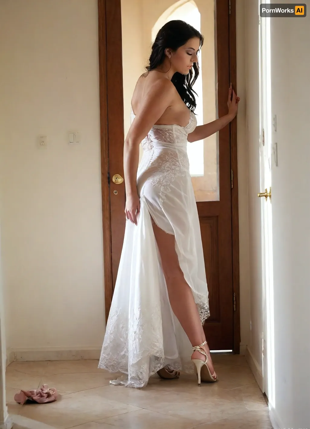 POV of someone secretly watching an Iranianslut super busty bimbo bride through a half-open door. The camera angle is slightly hidden, as if the viewer is peeking from the hallway. The bride is completely unaware, facing away or in profile, in the middle of an intense phone call with the groom. Her expression is upset—angry, emotional, and raw. One hand is holding the phone, and the other is gesturing with frustration. She is dressed in a traditional Persian white wedding dress with delicate embroidery. One bridal shoe is on, the other still on the floor. Soft natural light enters from a side window, casting gentle shadows and creating a moody, cinematic atmosphere. The edge of the door or wall partially frames the image, enhancing the feeling of secrecy and voyeurism. The mood is tense, private, and emotionally charged—like a stolen moment before a wedding confrontation., <lora:Realistic_People_V1:.8>, sokate, <lora:sokate:.8>, high, heels, sexy, heel, 15, cm, boots, <lora:398313_training_data:.8>