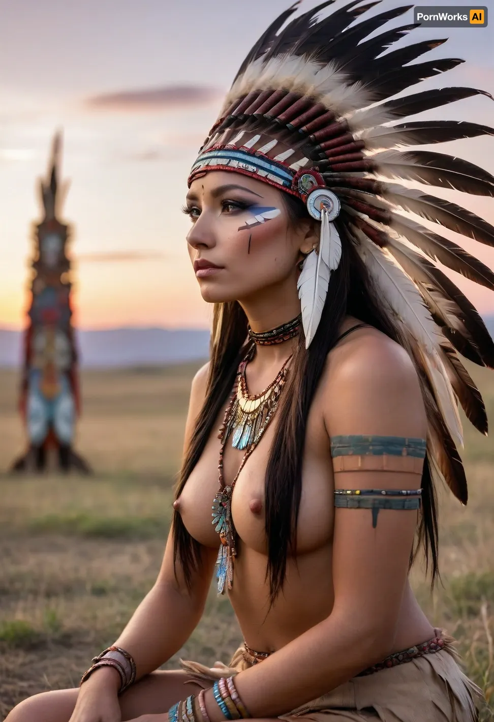 A adult beautiful slender Sioux Indian woman with a large colorful Indian Sioux feather headdress and war paint kneels on the prairie in front of a Native American totem pole, She has a pretty coquettish faded face, elaborate hairstyle, small breasts, detailed crystal eyes, light glowing irises, heartshaped lips, lip gloss, aroused skin, sunset, long shadows, ancient native mood, detailed photo, photorealistic photo, realistic pretty women photo, night vision, soft fokus, parallax, overexposure, view from back, #©KITTYART



































#©KITTYART