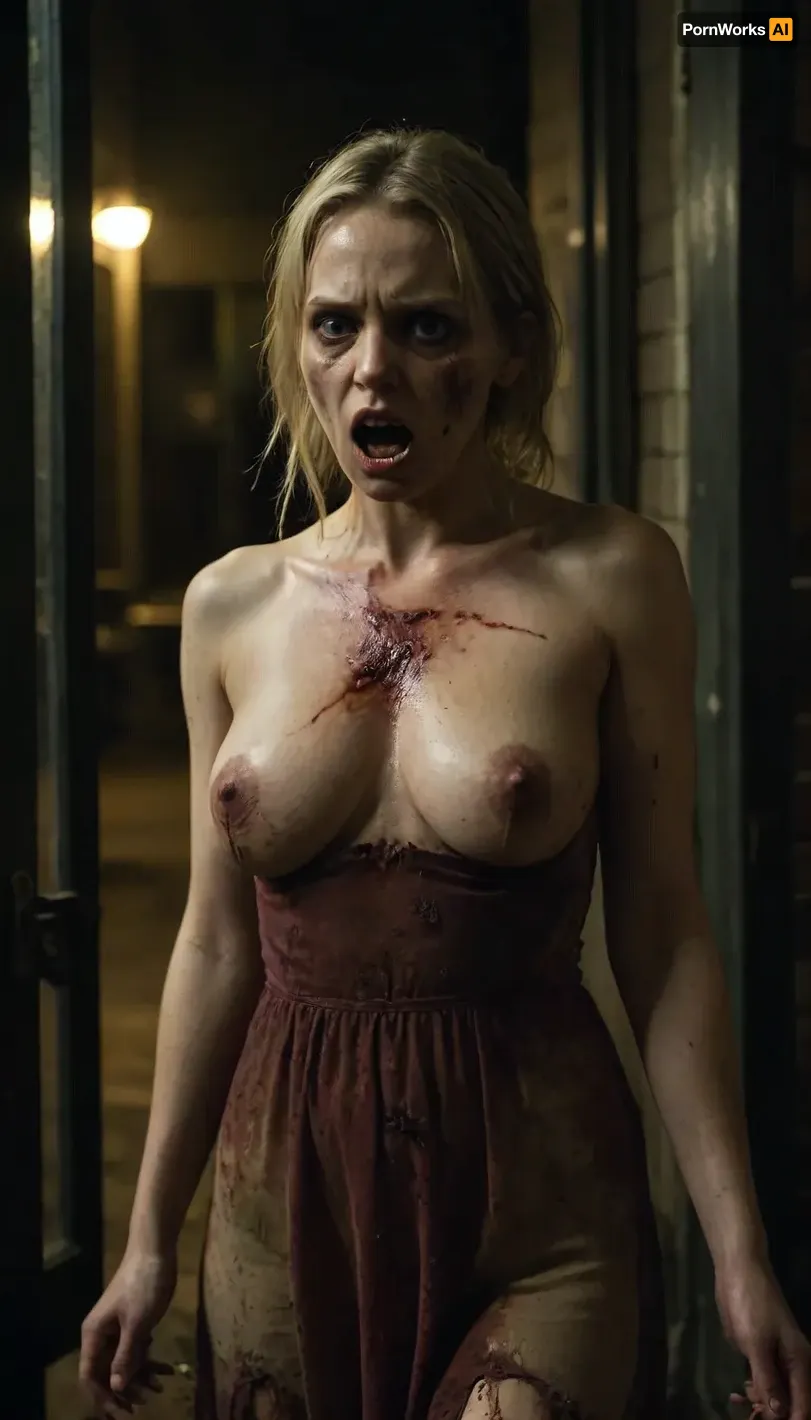Dark. POV outside a shop at night, zombie woman 35y/o, with torn clothes, large natural sagging breasts.

Bite marks on body, blood, torn green dress, blonde hair, dirty, bloody face, aggressive expression, snarling nose, standing at window, angry, mouth open, blood in mouth, clawing at window, dead eyes, stumble posture, hands out, grabbing, attacking, rotting flesh, exposed puffy vulva, one breast exposed from torn dress.

Cars on fire in the street, dark night, zombie apocalypse HD, shallow depth of field, long lense, cinimatic, very, focused, flash, photo, <lora:sdxl_darkflash_v6-000060:.8>, dark, chiaroscuro, low-key, <lora:zavy-cntrst-sdxl:.8>, z0mb13, <lora:Zombie_XL_z0mb13:.8>