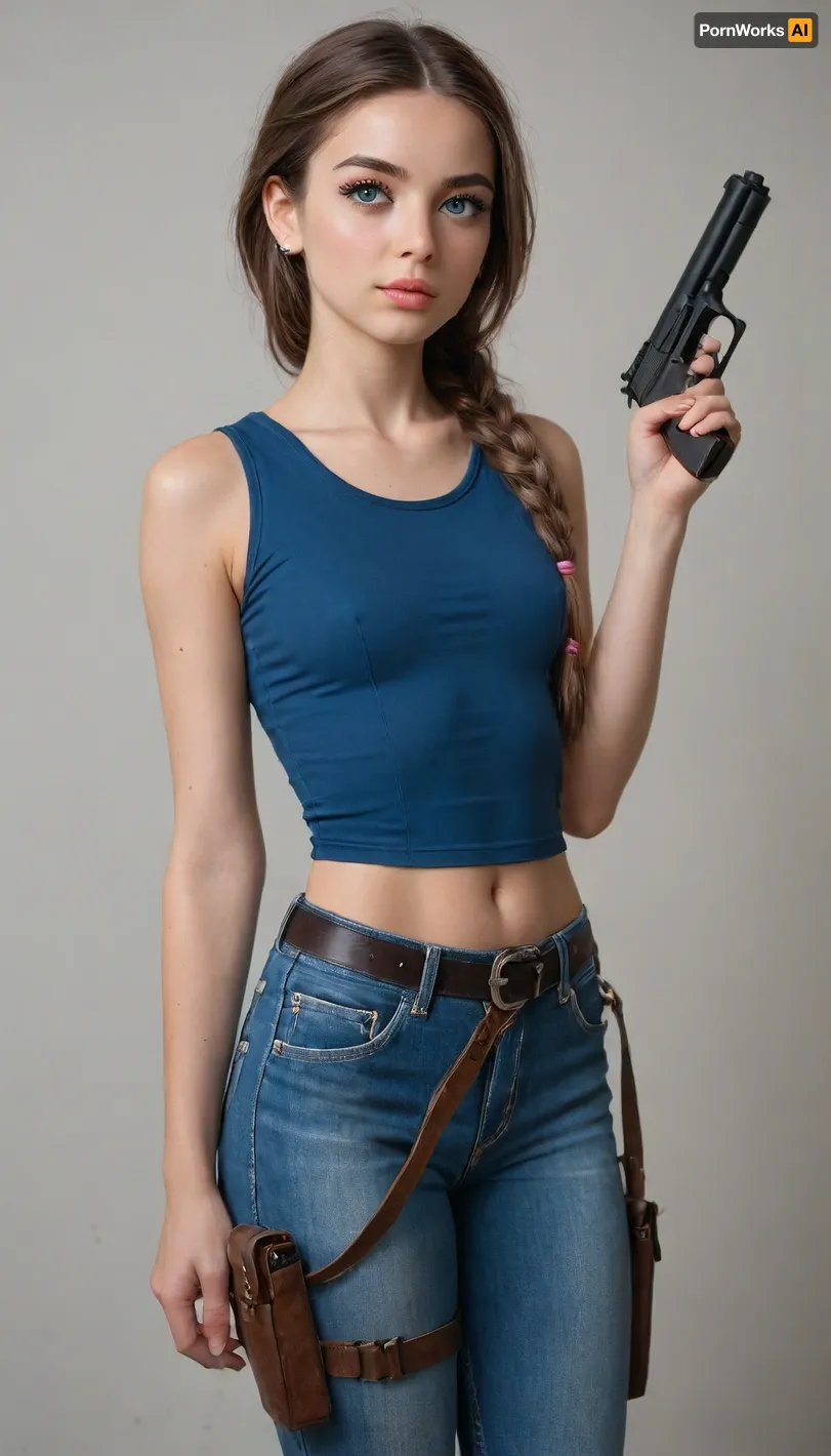 Highest resolution 8k image, ((18 year old cute, petite, female model. Gorgeous slim physique, small firm breasts, narrow waist, slender thighs, no pubic hair, perfect anatomy), (long braided brown hair, huge gorgeous blue eyes, long eyelashes, heavy eyeliner, full sensuous pink lips)), ((Looking towards the viewer, with a sexy expression, standing in a sultry manner), (wearing very tight hipster denim jeans a 2 cowboy gun belts and holsters with a colt 45 peacemaker pistol in each holster, and a well fitting blue tee shirt)), (setting is a well lit cowboy saloon)