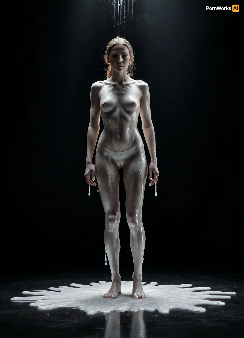 fine art full body abstract shot, female figure standing in dark space with spotlight from above, body covered in glossy white slime trails, the slime glistening like liquid porcelain, minimal background, expressive pose capturing movement and emotion