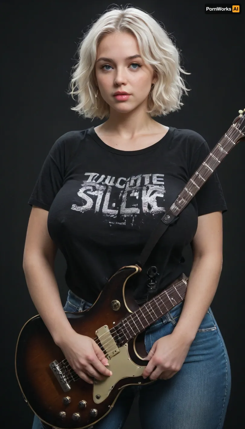 Giant massive breasts, tits, young body and female breasts, saggy breasts, large distance between tits, tulle slime, opalescent glow, wide hips, white hair gathered in a careless bun, she's wearing a black oversized T-shirt and jeans, playing something on a guitar, on a black background, sequins, anime