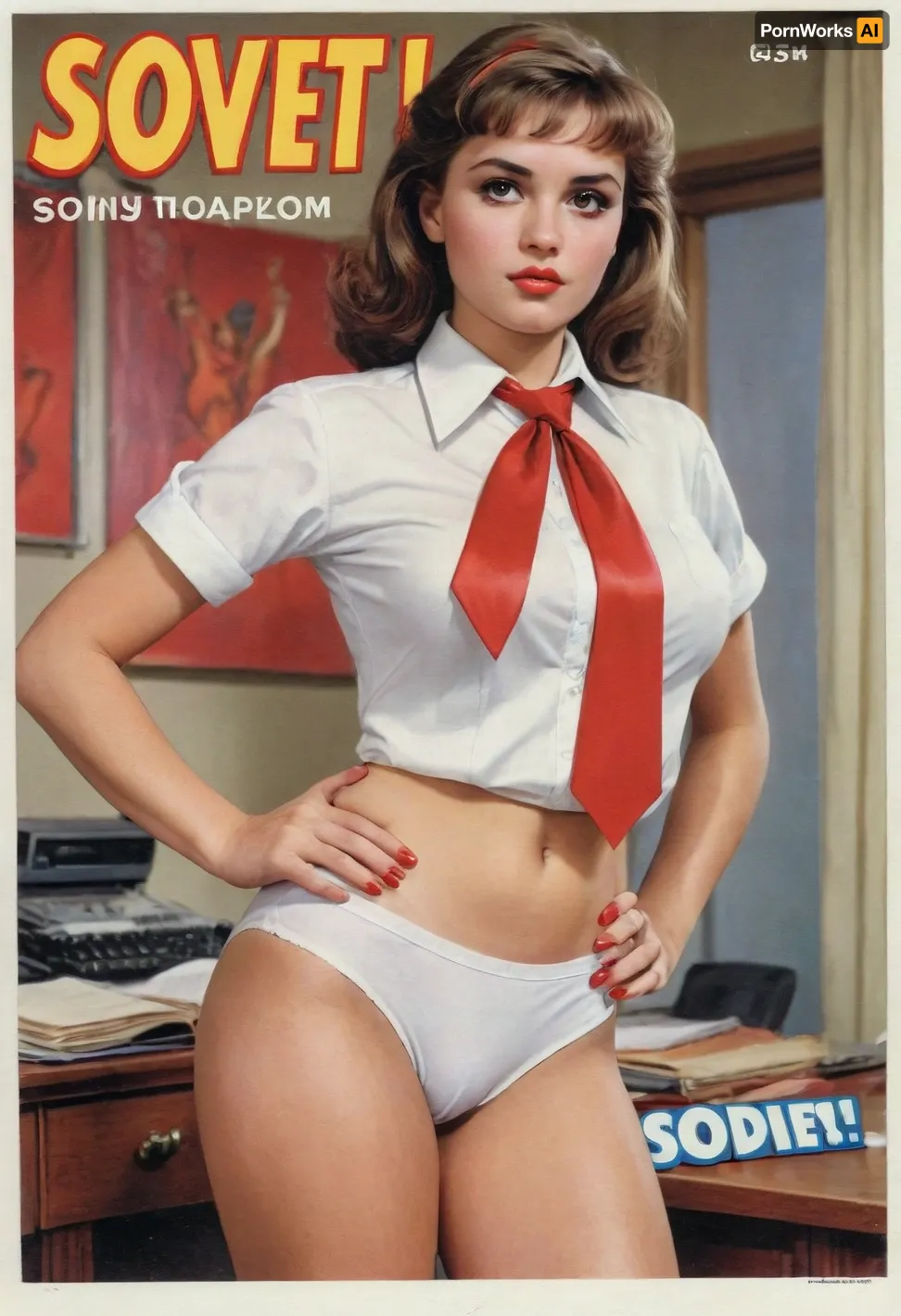 (single drawn girl:1.3), (illustration:1.3), (hand drawn:1.3), (drawn porno comics book cover:1.3), (TITLE text, "Soviet":1.3), (Soviet pioneer girl:1.2), Soviet pioneer girl 18yo, in a red scout tie, white blouse and white panties, sexy random pose, sovietForm, sopi, <lora:iltromba_artwork_style_smm_SDXL_LORA_v07:.5>, <lora:text:1.1>