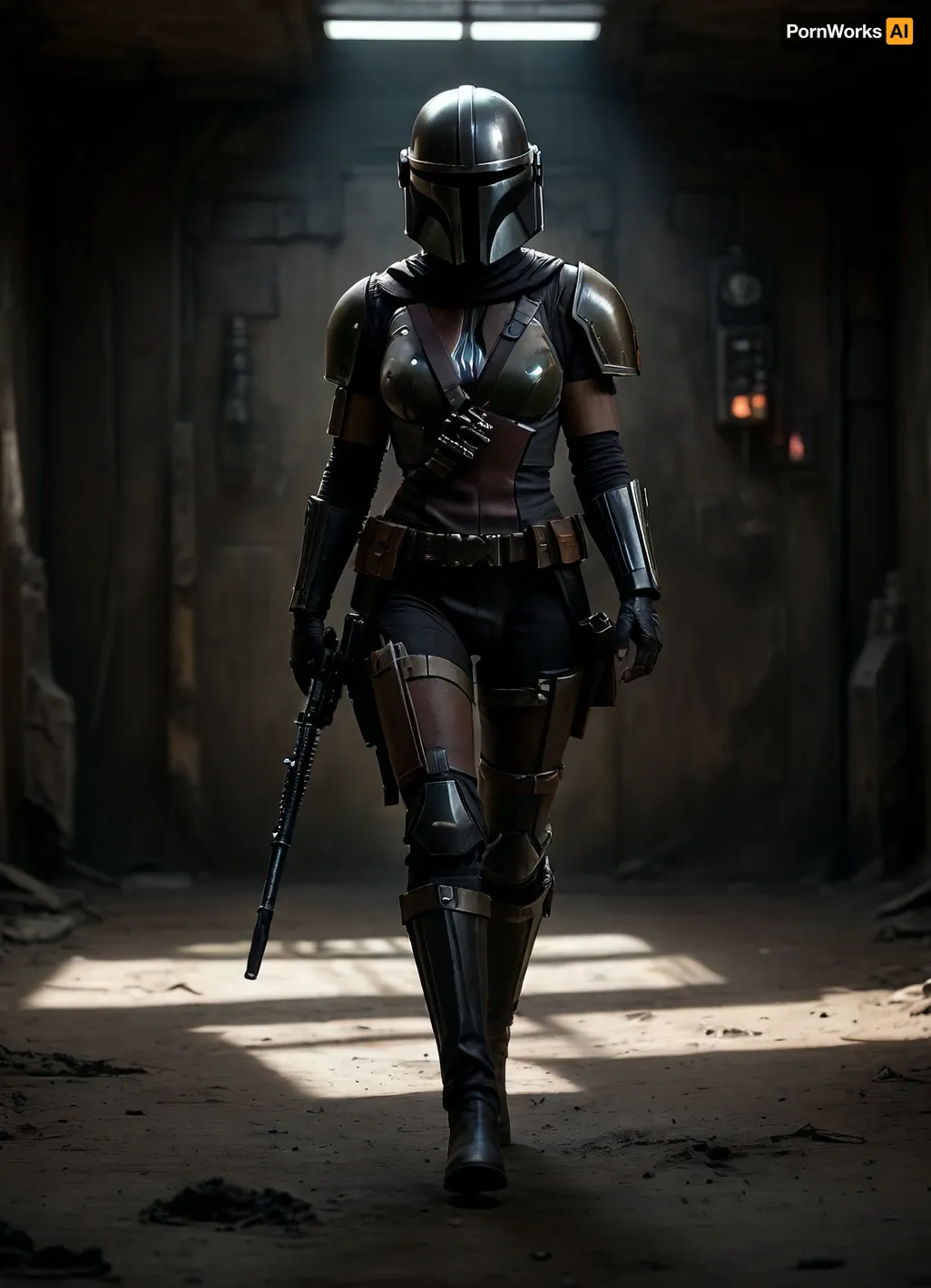 Uber realistic, 8k, ultra detailed, masterpiece, Star wars female, mandalorian, black belt, black boots, (painted sexy mandalorian armour and helmet), full Body Photo in sci fi setting, Future, Star wars, pussy, exposed, (pussy in view), (exposed pussy), (show pussy), bottomless, nude, action pose, <lora:add-detail-xl:.8>, <lora:style_lora_realis:.8>, <lora:dark:.8>, detailxl