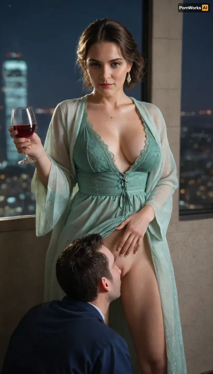 (masterpiece, best quality), (Twilight Photography:1.4), (Italian woman, milf, Sofia:1.1), (emerald green glossy silk chemise, glossy silk night robe), holding glass of wine, (cunnilingus, standing cunnilingus:1.2), aroused, (cinematic lighting), spacious balcony, glass railings, city skyline view, penthouse, (night:1.4), captured with a Leica M10, Leica Summilux 50mm f/1.4 lens, sharp focus, best shadow, 8K, UHD, clear image, extremely sharp, extremely detailed, extremely intricate detail, high res, ultra-high-definition, highly detailed, ultra-sharp textures, finely detailed, perfect skin texture, hyperrealistic lighting, professional photography, full dynamic range, deep contrast, high clarity, realistic depth of field, HDR, perfect exposure, smooth gradients, natural reflections, ultra-fine details, realistic skin pores, individual hair strands, soft shadows, color-graded