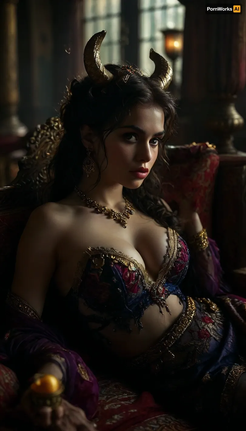 Rating_explicit, Hyper-detailed portrait of a stunning demon girl with horns, white horns, huge breasts, glowing slit-pupil eyes, and a mischievous smile, reclining sideways on a luxurious velvet divan adorned with golden tassels, a ripe purple grapes near her lips, her sharp nails contrasting with the fruit's softness. The grand hall features marble floors with intricate mosaics, towering pillars wrapped in silk, and golden lanterns casting warm, ambient light. Around her, opulent platters overflow with pomegranates, figs, honeyed sweets, and jeweled goblets of wine. She wears a sapphire-blue eastern-inspired ensemble with elaborate gold embroidery, a sheer chiffon veil, and layers of ornate gold jewelry—chandelier earrings, serpentine arm cuffs, and a gem-studded belt. The scene is rich with细节, Persian carpets, peacock-feather fans, scattered rose petals, and ancient tapestries depicting mythical beasts. Ethereal wisps of dark smoke curl around her ankles, hinting at her supernatural essence. Cinematic lighting, vibrant colors, and ultra-realistic textures enhance the fantastical opulence, supermodel, face, big, lips, pouting, <lora:MJ52:.8>, <lora:Beautify-Supermodel-SDXL:.8>, <lora:Pouting_SDXL:.8>, <lora:dark:.5>