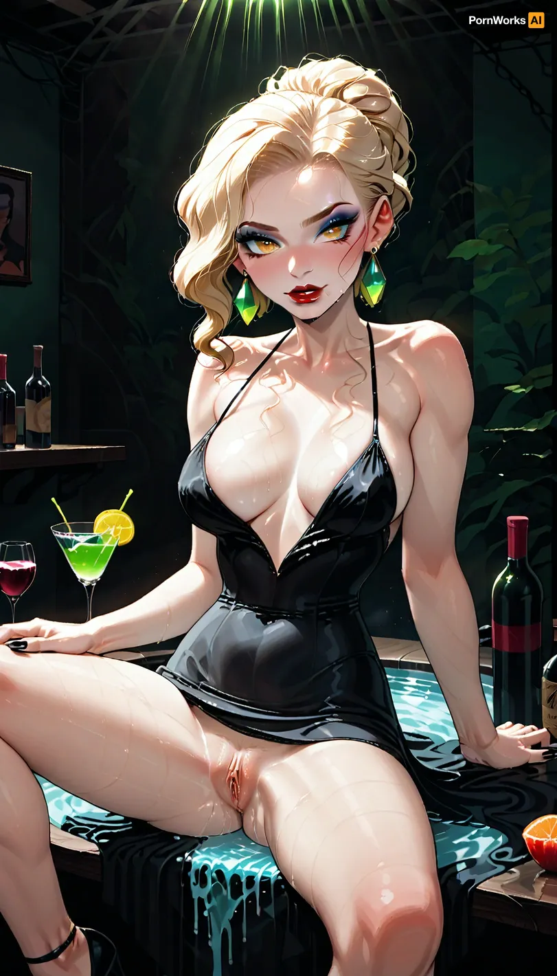 Female, 25 years old, smooth ash-blonde hair in a classic updo, name Qubirey, delicate features with a sharp gaze and pale complexion, golden eyes with long lashes, natural makeup, tall elegant build with long legs, horny, lust, seductive look, wearing a pitch black cocktail dress, black fingernails, seductively sitting leaning on a bar counter, legs spread, soaking wet pussy visible, Retro 1950s vibe, art deco elegance, red lips and glamorous makeup, large round emerald earrings. On the table, a crystal decanter, wine bottles, and a glass with lemon slice. Sife view, Soft lighting, muted green background, cinematic shadows, flat color shading and textured brushwork in mid-century poster art style, art deco, deep shadows, moody and cinematic lighting, incase, style, perfecteyes, <lora:287175_training_data:1.5>, <lora:lora-sdxl-perfect-eyes:.8>