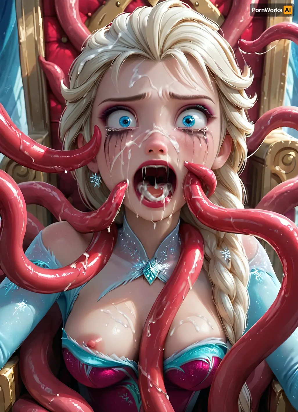 masterpiece, best quality, highly detailed, (anime:1.2), BREAK, (close up on girl's face:1.6), ((Elsa from Frozen with 6 tentacles)), (shocked, fear, screaming, crying, tears, surprised), running makeup, (sitting on a throne in a castle:1.2), (she is wearing a really torn dress, tentacles tore her clothes, she has one boob out:1), natural B cup breasts, perfect nipples, beautiful pussy, slim, athletic, gymnast body, restrained, many slimy tentacles, (a tentacle sliding in between her breasts shoots cum into her mouth while 5 tentacles ejaculate shooting multiple cumshots hitting her in the face and hair, bukkake:1.2), (Elsa receiving multiple cumshots to the face from 5 cumming tentacles:1.2), (cum on face:1.1), (cum in hair:1.1), (cum covered clothes:1), (cum in mouth:1), tentacles wrapped around her torso, breasts, neck, <lora:Animated_Concept:1>, <lora:add-detail-xl:.8>, <lora:Super_Eye_Detailer_By_Stable_Yogi_SDPD0:.8>