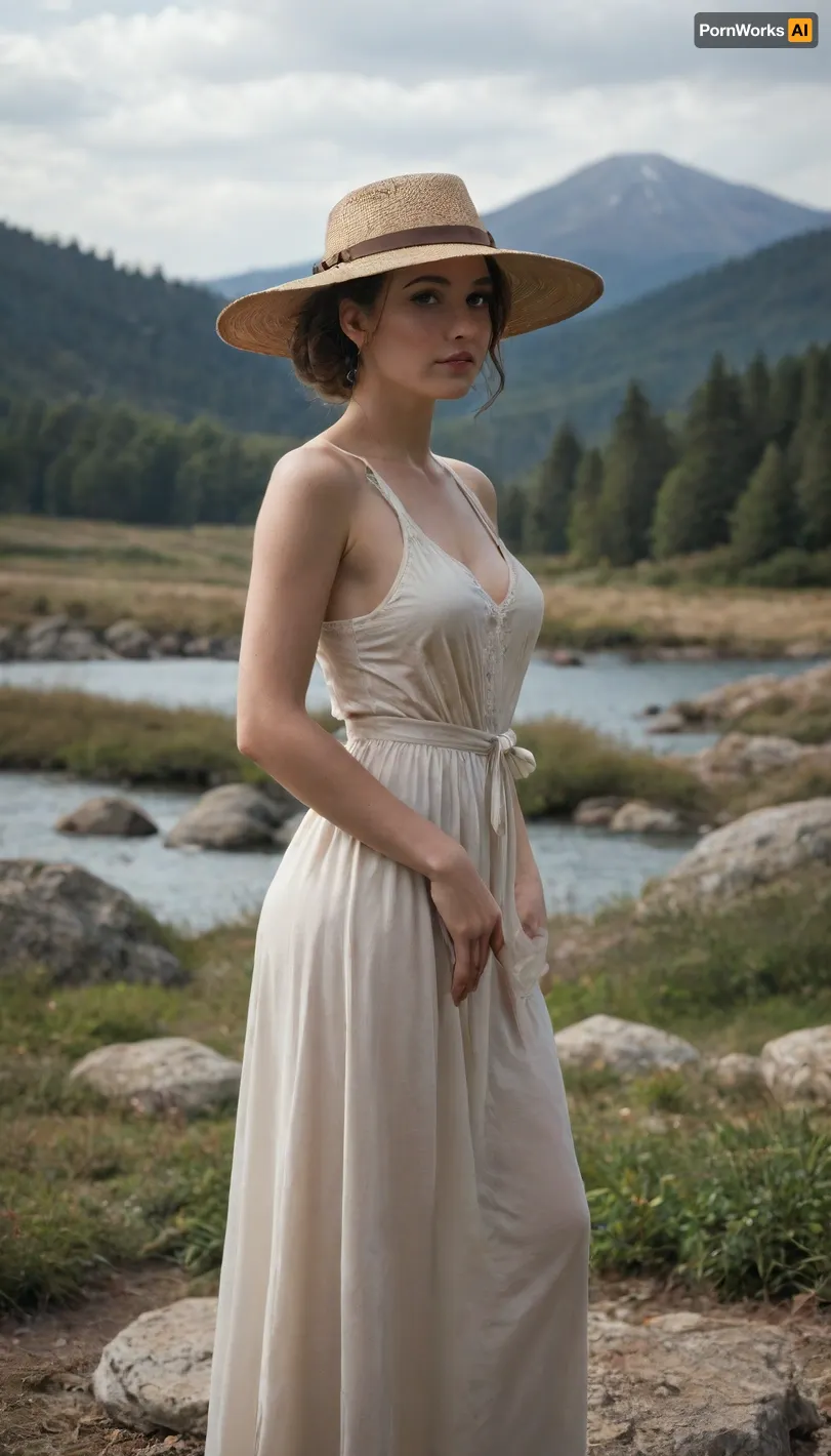 A young woman, likely in her late teens or early twenties, stands on a weathered stone platform by a serene lake. Her ethnicity is not explicitly defined, but her features are delicate and graceful. She is nude, wearing a flowing, draped, light grayish-tan, fabric skirt that billows dramatically around her, seemingly catching the breeze. A dark wide-brimmed hat shades her face. Her expression is contemplative and melancholic, her gaze directed slightly downward. Her posture is relaxed yet conveys a sense of quiet contemplation and introspection. Her body is toned, with a visible musculature that is rendered realistically. The overall palette is muted, in shades of light beige, gray, and muted browns, creating a calm, ethereal mood. The light is soft and diffused, casting subtle shadows on the figure. The lake stretches out behind her, reflecting the pale sky in a still, misty, hazy manner, with a hazy, mountainous horizon line in the background. The shoreline is marked by sparse, dried-out plants and rocks. The style is evocative of hyperrealistic paintings or digital art, with a strong focus on form, light, and texture. The composition emphasizes the figure's quiet solitude and the vastness of the landscape. A sense of quietude and serenity permeates the image. The texture of the fabric and the skin is captured with great detail, showcasing the artist's mastery of light and shadow. The image has a soft focus and misty quality, emphasizing a serene atmosphere.