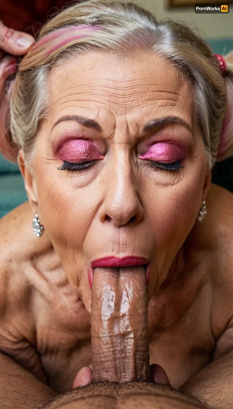 sinful granny, in orgasm, closing her eyes, red lips, deep intensive sucking the cock, she moving fast her head, short cock, brown skin, older bodybuilding gilf, pink blonde ponytail hair, blowjob deepthroat, pov_deepthrt, deepthroating, a, man's, penis, blsdp, <lora:concept_pov_dt_xl2-000020:1.2>, she enjoy the sucking much